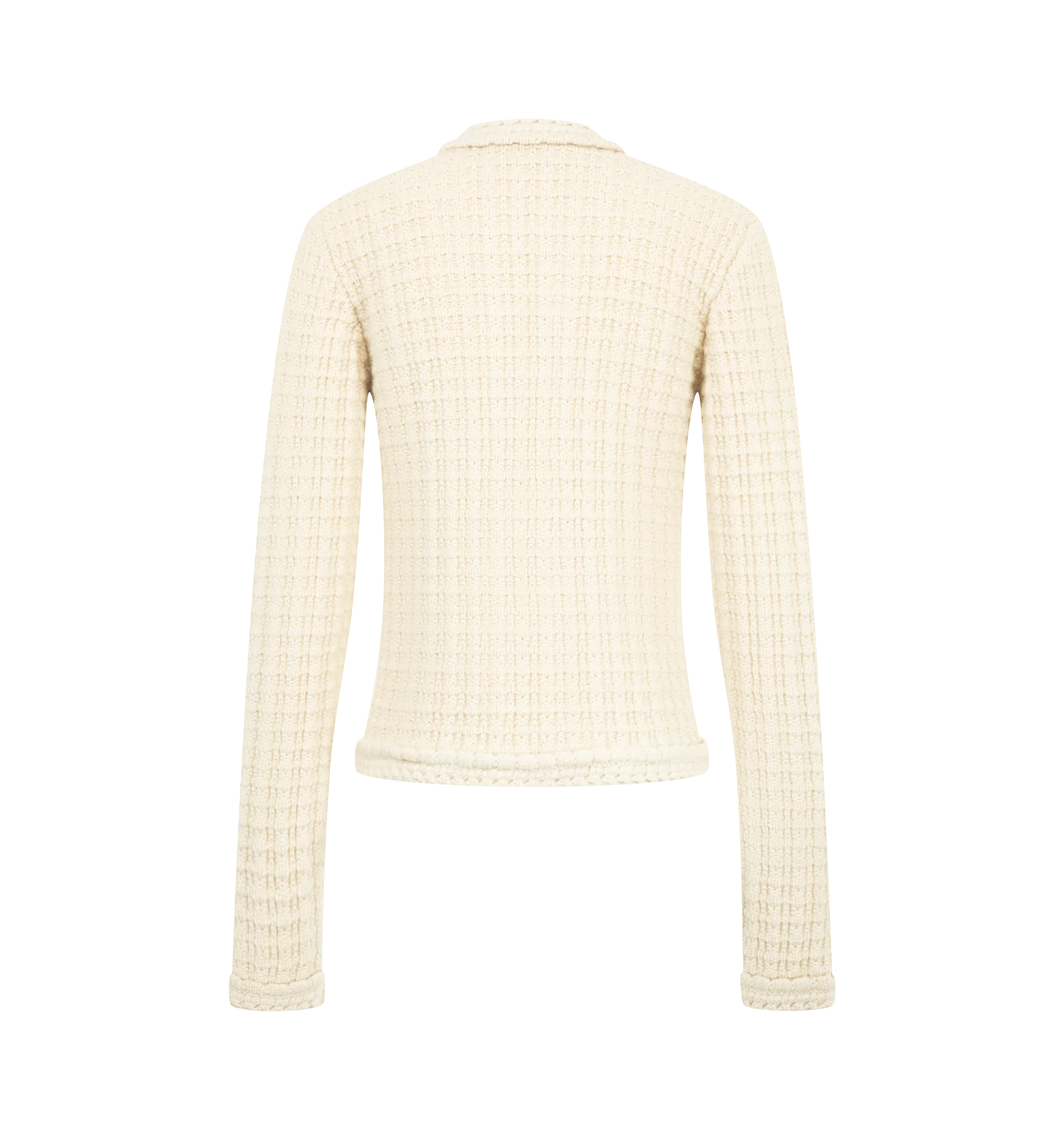 Image 2 of 2 - NEUTRAL - Isabel Marant Women's Hortense Cardigan is crafted from an ecru virgin wool and alpaca blend in a textured waffle knit. The slim-fitting silhouette features a round neckline, long sleeves, silver-tone hook fastenings, flat front pockets, and picot trim at the collar, cuffs, and hem. Main Material: 70% Virgin Wool, 30% Alpaca.