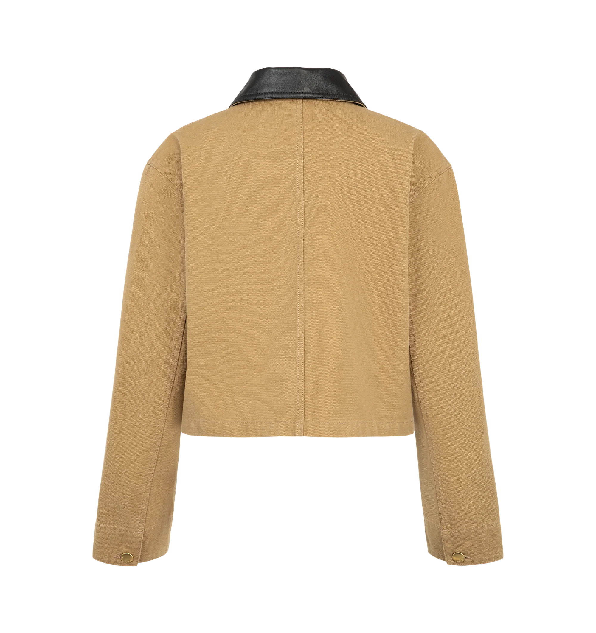 Image 2 of 3 - NEUTRAL - Balenciaga Women's Cropped Workwear Jacket is crafted from heavyweight cotton and features a cropped silhouette with a flat calfskin leather collar, a double-breasted five-button front, and gold-tone button detailing. Inspired by classic utility workwear, this designer jacket is finished with buttoned cuffs, a flap chest pocket, a patch pocket with a Balenciaga logo leather patch, and two front slash pockets, combining functional design with the house's modern aesthetic. Main Materi
