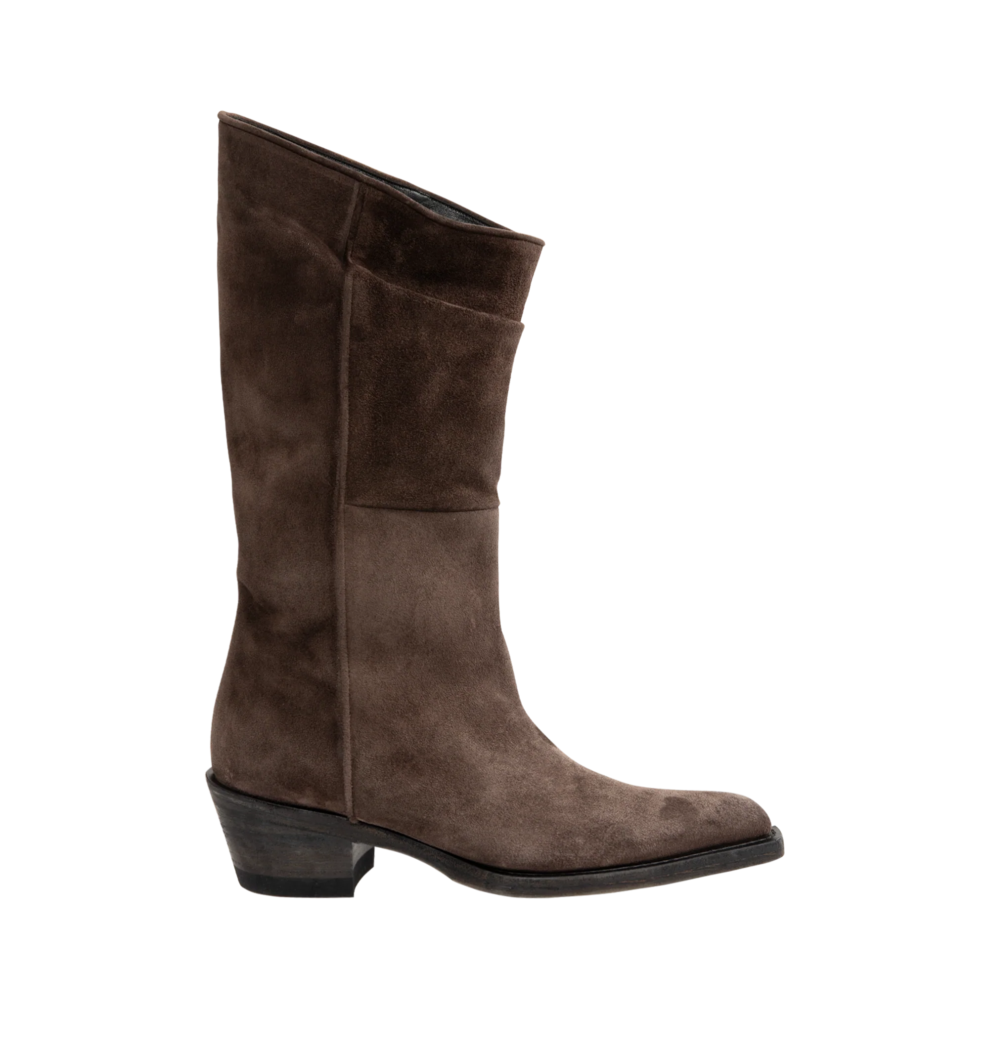 Image 1 of 4 - BROWN - Khaite Clive boot inspired by well-worn Western classics. Featuring stitched welt, 1" stacked leather heel, snip-toe silhouette with deliberately tilted shaft in hand-worked, vegetable-tanned calfskin brushed to a rich patina. Vintage vacchetta (100% calf leather). Made in Italy.