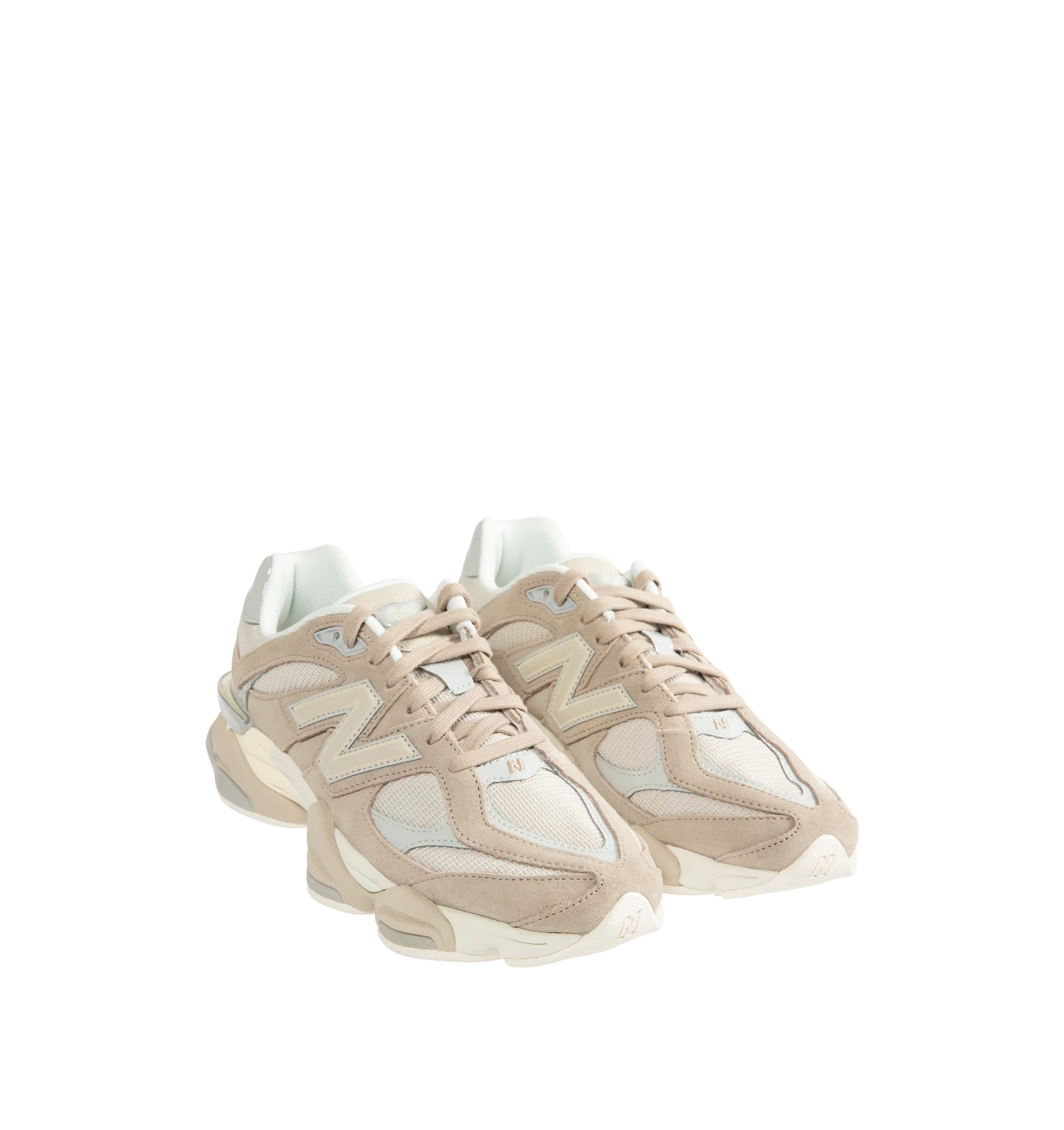 Image 2 of 5 - NEUTRAL - New Balance Unisex 9060 Sneakers feature a mesh upper with pigskin suede overlays and expanded sway bars inspired by the 990. The sculpted dual-density midsole combines ABZORB and SBS cushioning, while a translucent CR device at the heel and a diamond-patterned outsole inspired by the classic 860 complete the design. Upper: Mesh and Pigskin Suede. *Unisex style in men's sizing.