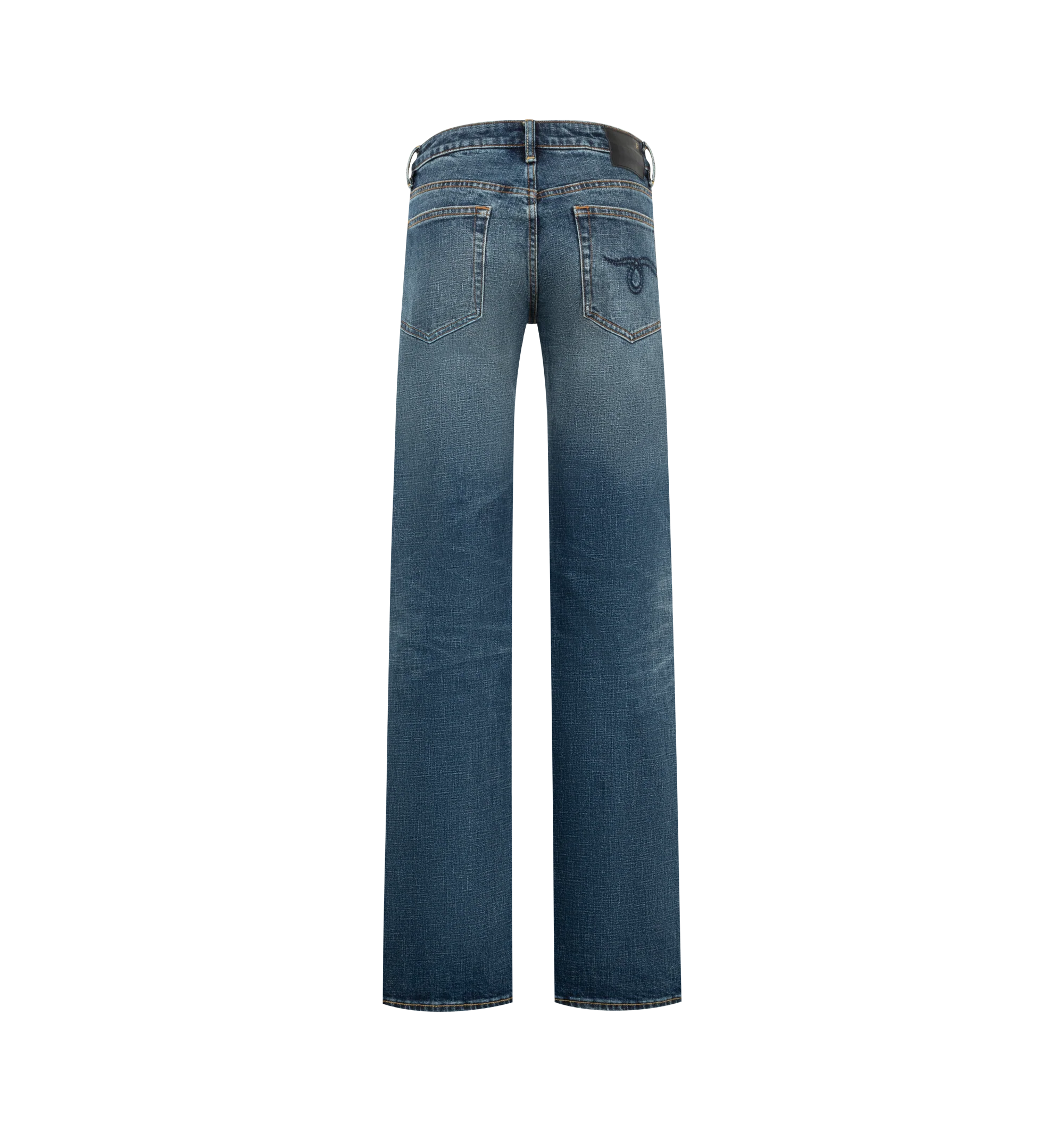 Image 2 of 3 - BLUE - R13 Womens Effie Jeans are crafted from 13 oz. rigid denim and feature a low-rise, relaxed straight-leg silhouette. Finished with a medium Sanford Blue wash and a moderate vintage wear pattern. Main Material: 100% Cotton. Made in the USA.