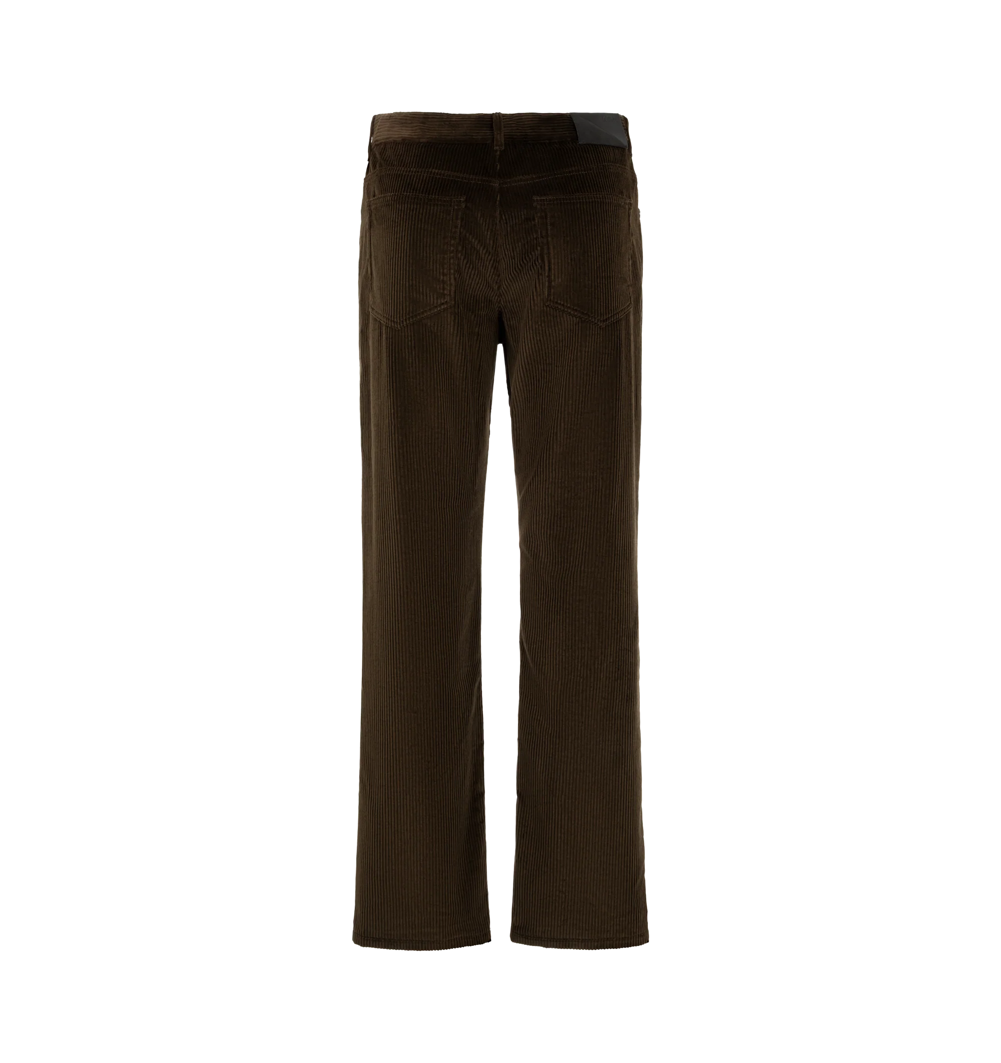 Image 2 of 3 - BROWN - Loewe Men's Corduroy Trousers are crafted from medium-weight brown cotton corduroy and feature a regular fit with a mid-rise waist, straight leg, and regular length. A concealed zip fly and classic five-pocket construction define the silhouette, while an embossed Loewe leather and suede patch accents the back. Main Material: Cotton. Made in Italy. 