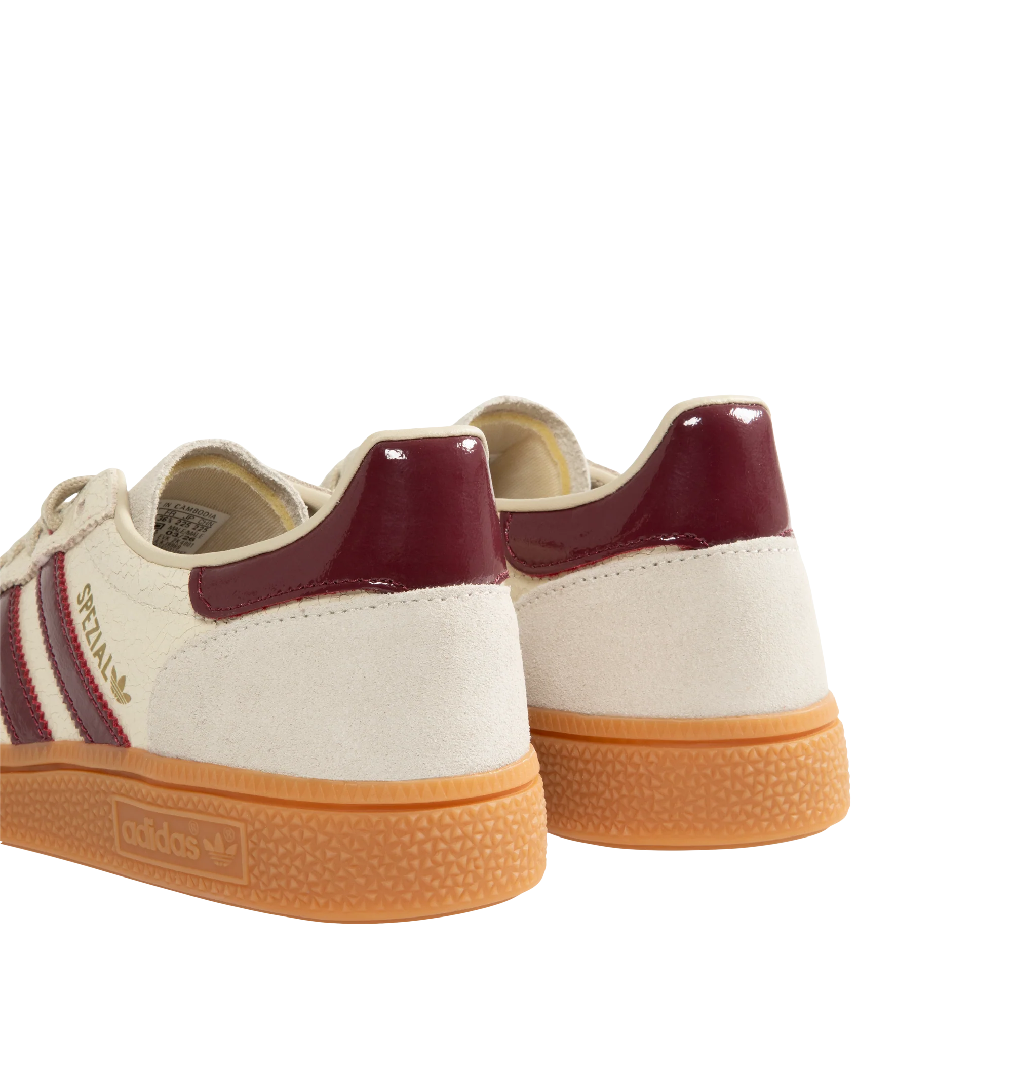 Image 3 of 5 - NEUTRAL - Adidas Men's Handball Spezial Sneakers feature a textured mix of cracked leather, suede overlays, and patent leather 3-Stripes. Designed in a regular fit with a secure lace-up closure, these designer sneakers feature signature Spezial detailing at the quarter and tongue and a soft gum rubber outsole. Upper: Leather. Lining and Insole: Textile and Other Materials. Outsole: Other Materials.