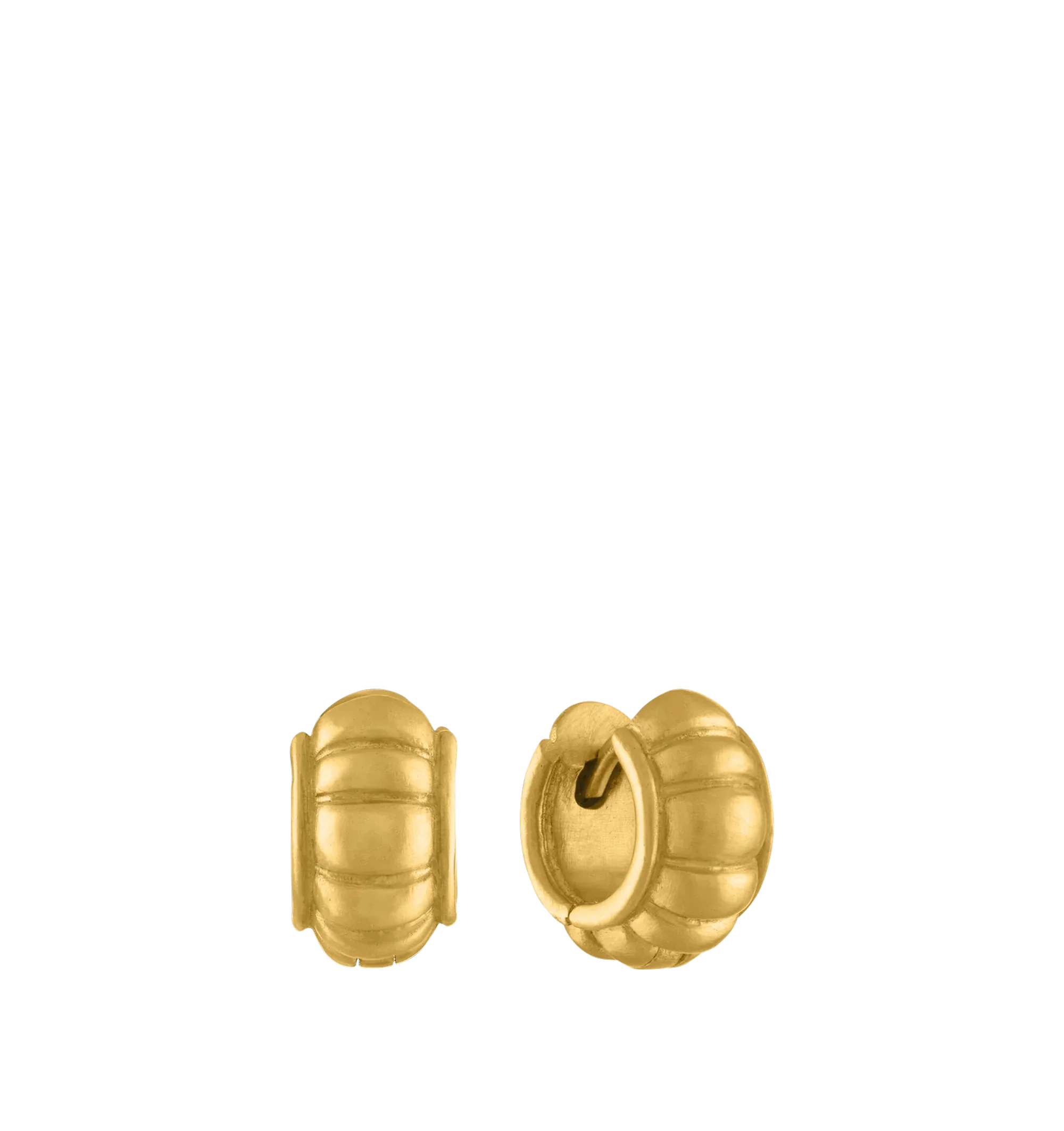 Image 2 of 2 - GOLD - PROUNIS Melon Huga Hoop Earrings featuring 22K gold, ridged design, hinged closure and hug hoops. 7mm x 11mm. Cheap Luxury Handbag Shop offers a range of pieces from this collection in-store. For personal consultation and detailed information about jewelry, please contact our dedicated stylist team at personalshopping@hirshleifers.com.