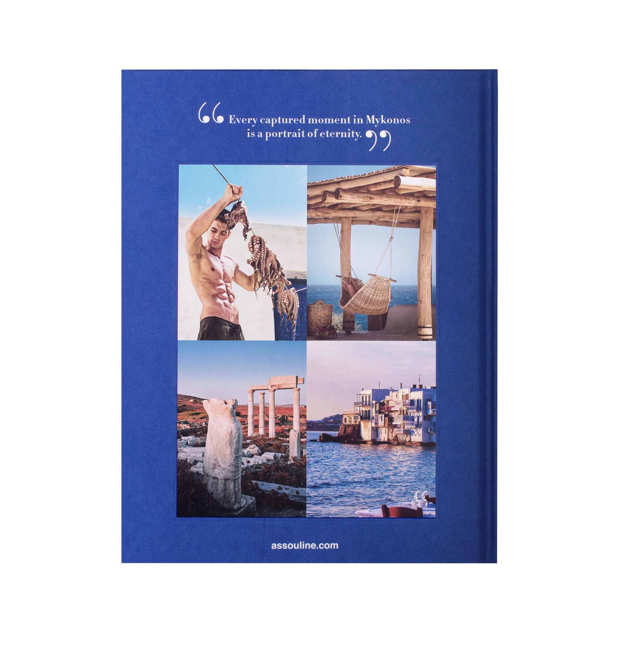 Image 3 of 5 - BLUE - Assouline Mykonos Muse is a luxury coffee table book that celebrates the rich history, vibrant culture, and legendary spirit of Greece's iconic island through captivating photography and engaging storytelling. Written by Lizy Manola with additional contributions by Rachel Howard and Michael Skafidas, this designer silk hardcover book explores Mykonos' evolution from an ancient sanctuary to one of the world's most celebrated travel destinations, highlighting its architecture, beaches, n