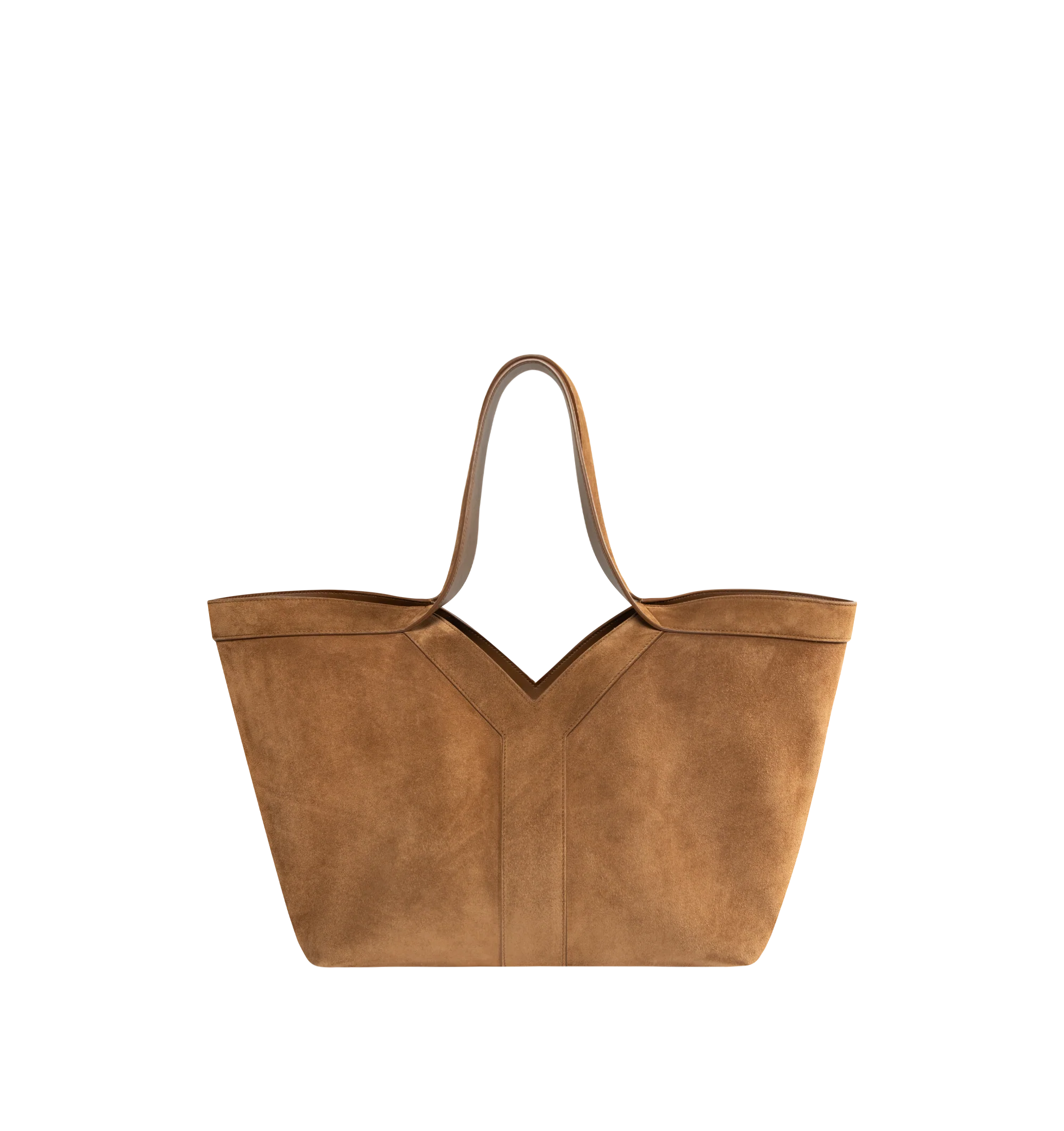 Image 1 of 4 - BROWN - SAINT LAURENT Y Small Tote in suede featuring small version of the Y tote in finely grained leather, ultra-lightweight bag, subtle Y signature stitching, lined in tonal leather, zip pocket, hook closure, one zip pocket and one keyring carabiner tab. 11.4" x 9.4" x 6.5". Calfskin. Made in Italy.