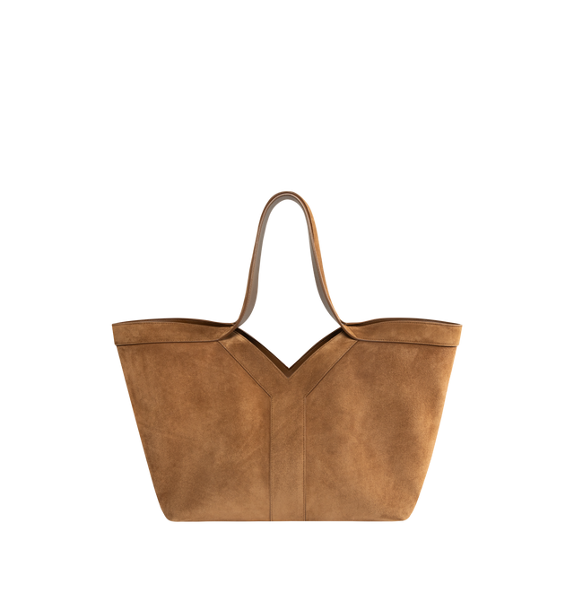 Image 1 of 3 - BROWN - SAINT LAURENT Y Small Tote in suede featuring small version of the Y tote in finely grained leather, ultra-lightweight bag, subtle Y signature stitching, lined in tonal leather, zip pocket, hook closure, one zip pocket and one keyring carabiner tab. 11.4" x 9.4" x 6.5". Calfskin. Made in Italy.