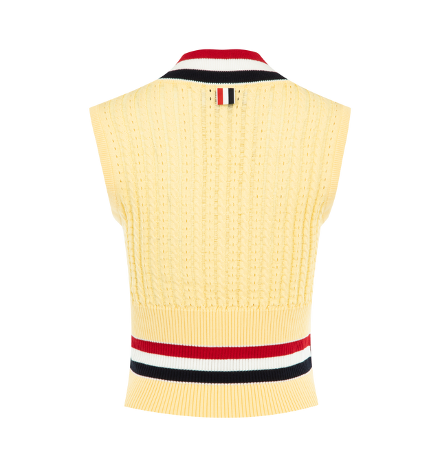 Image 2 of 3 - YELLOW - THOM BROWNE Cricket RWB Stripe Baby Ladder Cable Shrunken Vest featuring wide ribbed neckline, shrunken style, pullover style, buttoned side vents and cuffs with signature striped grosgrain trim and signature striped grosgrain loop tab at back of neck. 100% cotton. Made in Italy.