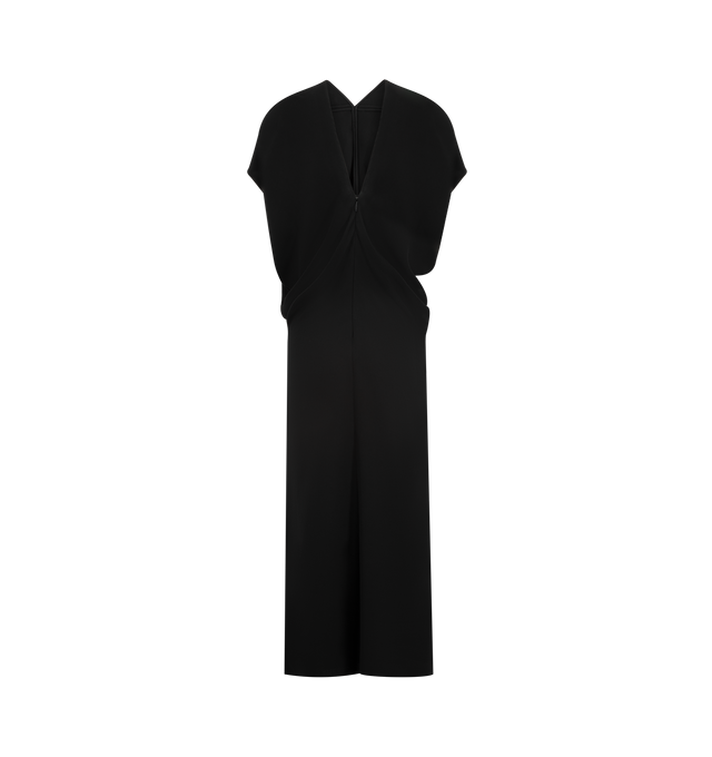 Image 2 of 2 - BLACK - THE ROW Jeyra Dress featuring sculptural calf-length dress in bias-cut silk cady with front and back v-neckline, draped cap sleeves with voluminous waist, center front slit and concealed back zip closure. 100% silk. Made in Italy.