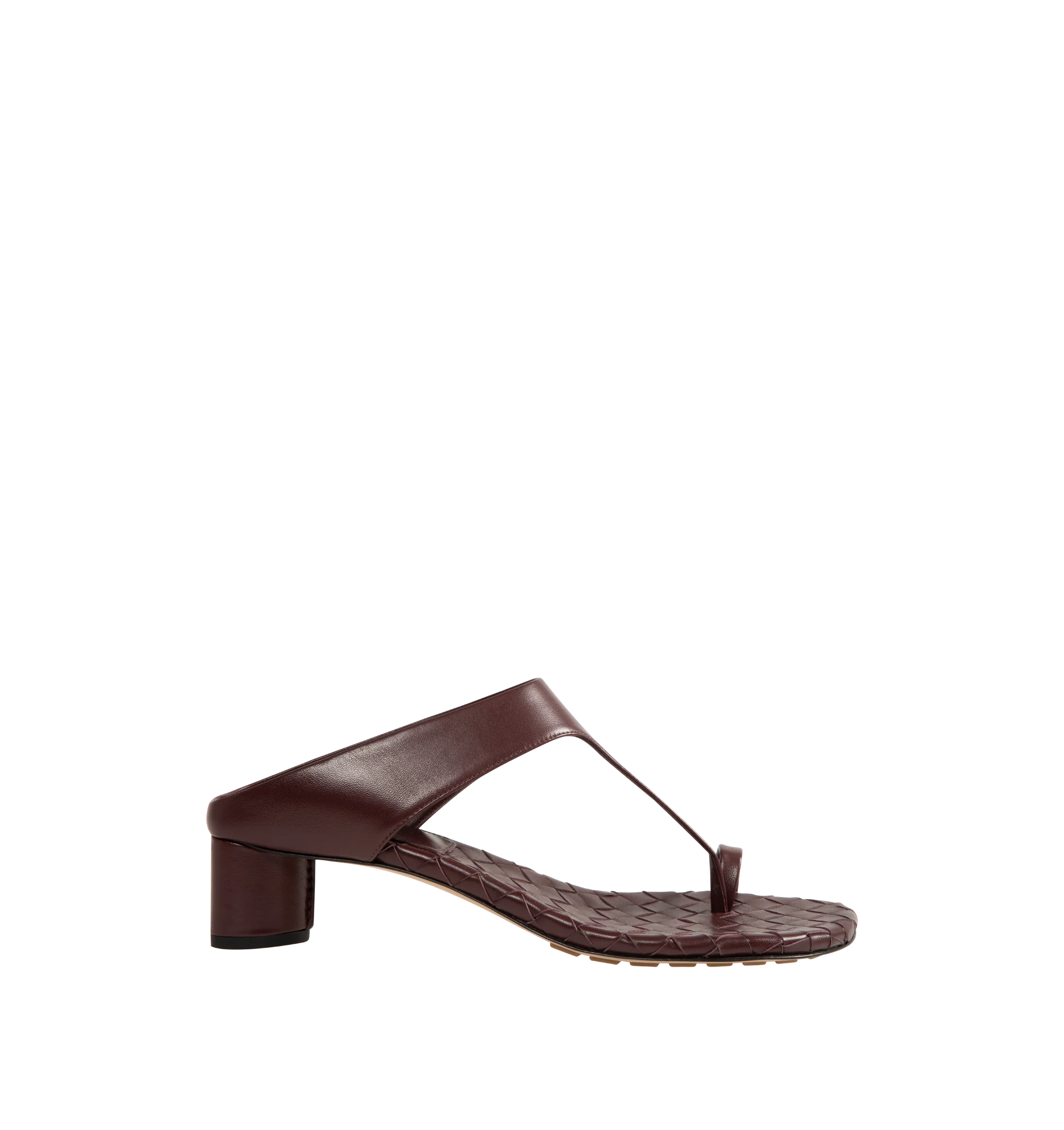 Image 1 of 4 - RED - Bottega Veneta Womens Kitten Heel Thong Sandals are crafted from nappa leather. Feature a toe-ring leather strap, Intrecciato leather insole, lambskin lining, kitten heel, and rubber-injected leather outsole. Upper: Nappa Leather; Lining: Lambskin; Outsole: Rubber-Injected Leather. Made in Italy.