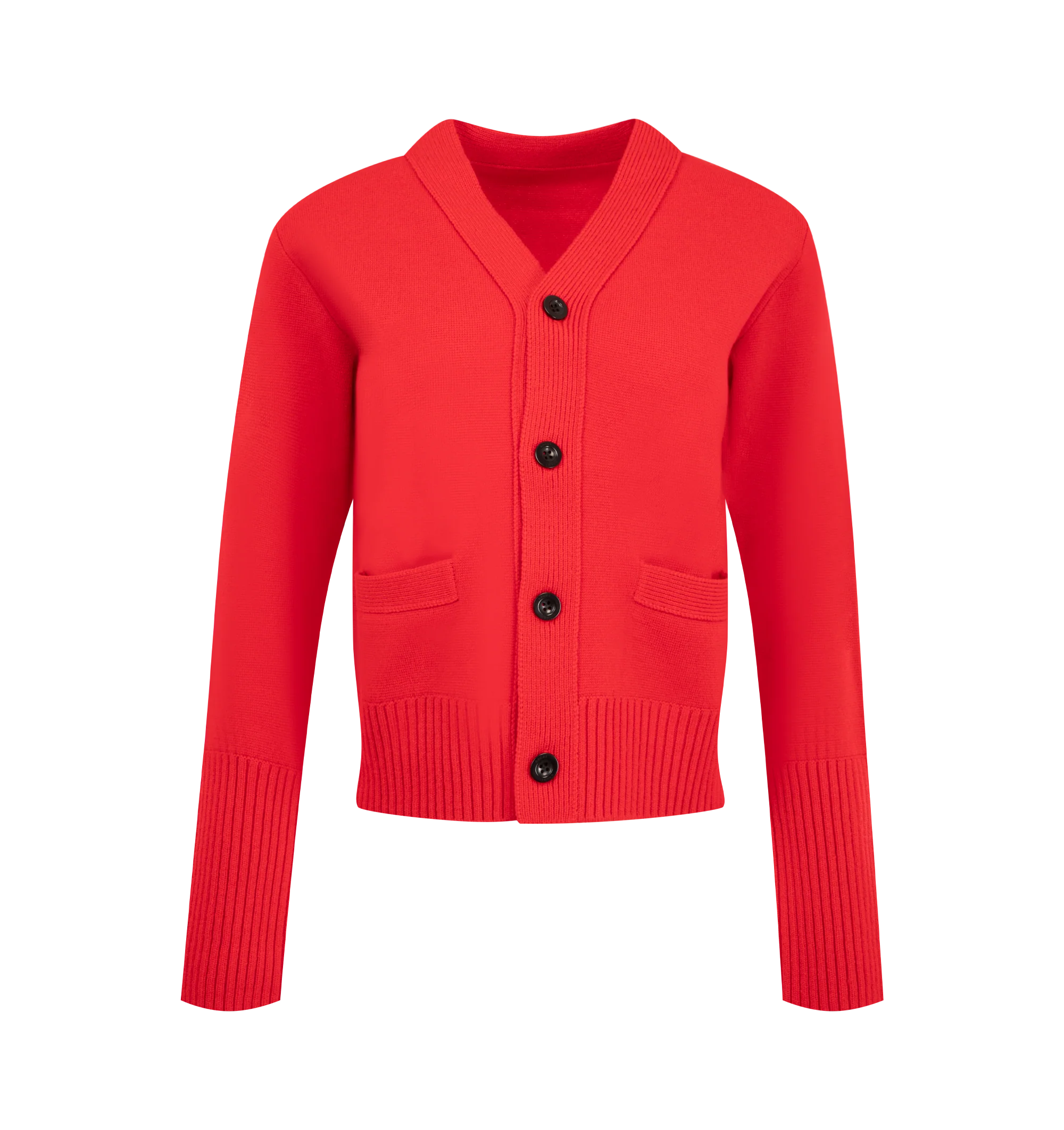 Image 1 of 2 - RED - Sacai wool knit cardigan featuring button-front closure, v-neck and front patch pockets. 100% wool. Made in Japan.