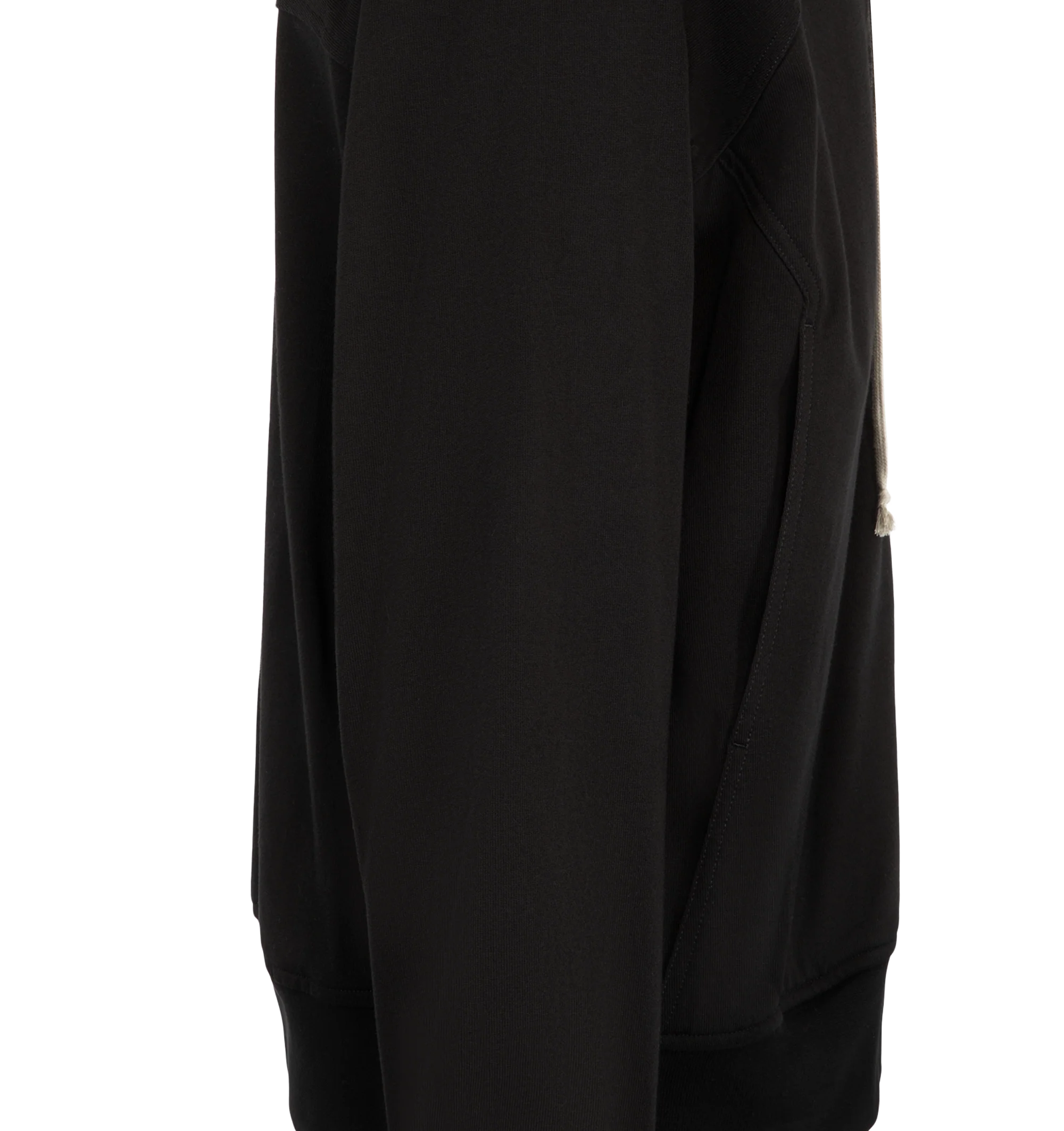 Image 3 of 3 - BLACK - Rick Owens Mens Windbreaker is crafted from heavyweight organic cotton jersey. Features a hip-length silhouette, hood with drawstring, front zip closure, raglan sleeves, front and back yoke, two side pockets with rounded topstitching, and ribbed cuffs and hem. Main Material: 100% Organic Cotton. Made in Italy.