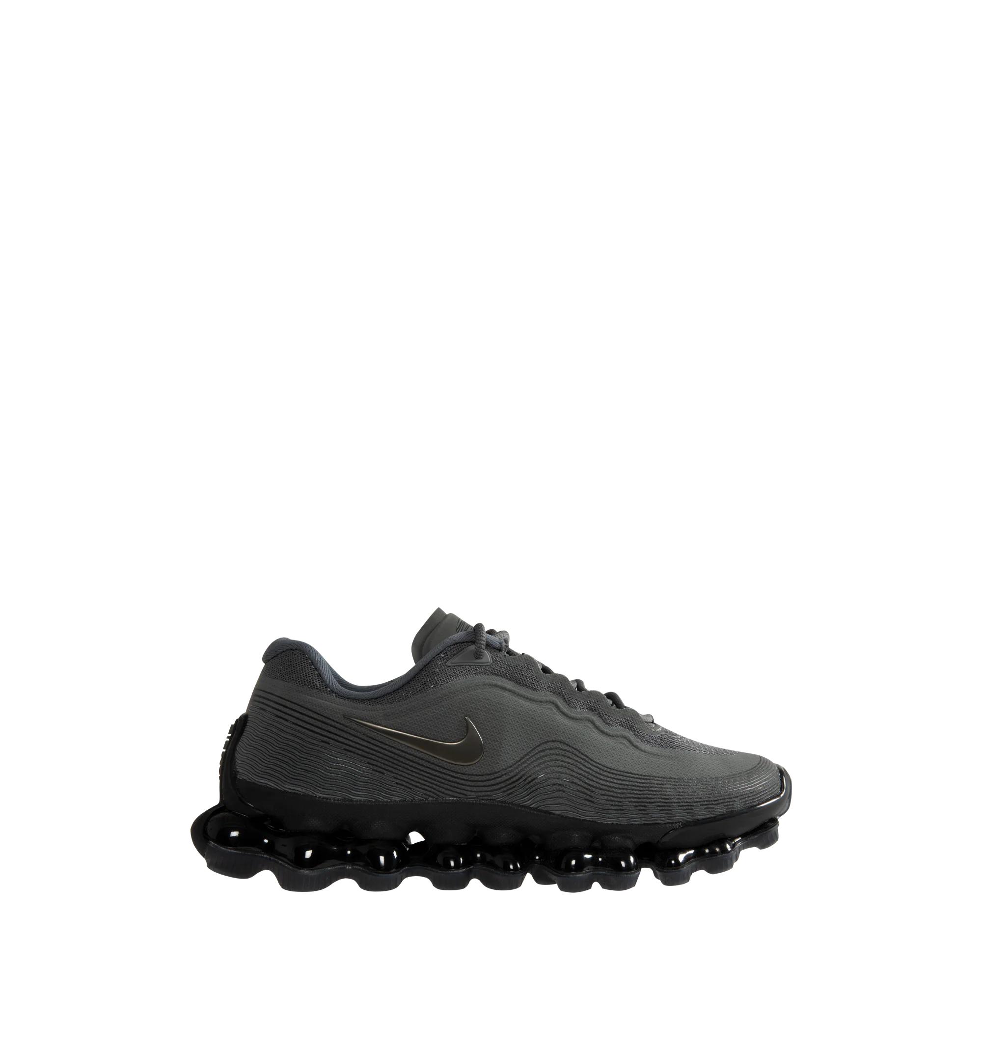 Image 1 of 5 - GREY - Nike Air Liquid Max Sneakers feature a textured upper with a low-cut silhouette for modern style and lasting comfort. These performance-inspired lifestyle sneakers combine a drop-in Cushlon midsole with a full-length point-loaded Max Air cushioning system for exceptional responsiveness, lightweight support, and all-day comfort. Main Material: Textile and Synthetic. Midsole: Cushlon with Max Air Cushioning. Sole: Rubber.