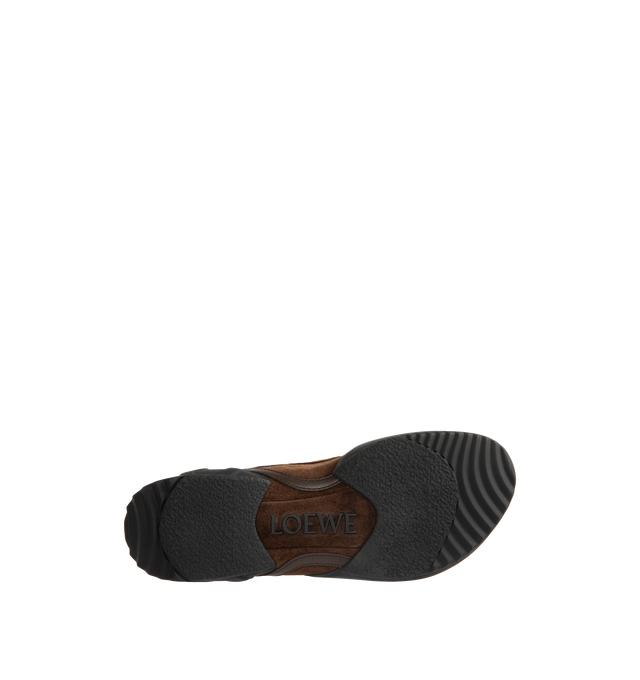 Image 4 of 5 - BROWN - LOEWE Grip sneaker in calfskin suede with contrast moulded TPU parts featuring a distinctive climbing shoe-inspired silhouette, asymmetric toe shape and lacing system, 5mm heel, L monogram on the side, embossed Anagram on the tongue, LOEWE jacquard webbing at the back, padded insock and LOEWE-injected TPU outsole. Calf suede/tpu. Made in Italy. 