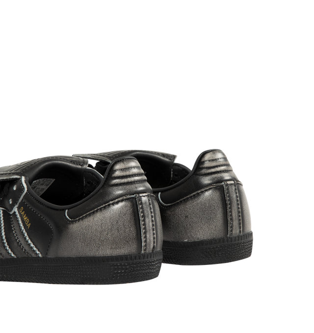 Image 3 of 5 - BLACK - ADIDAS Samba Long Tongue Sneaker featuring a smooth leather upper that reveals a distressed look, elongated tongue, regular fit, lace closure, leather upper, synthetic lining and rubber outsole.