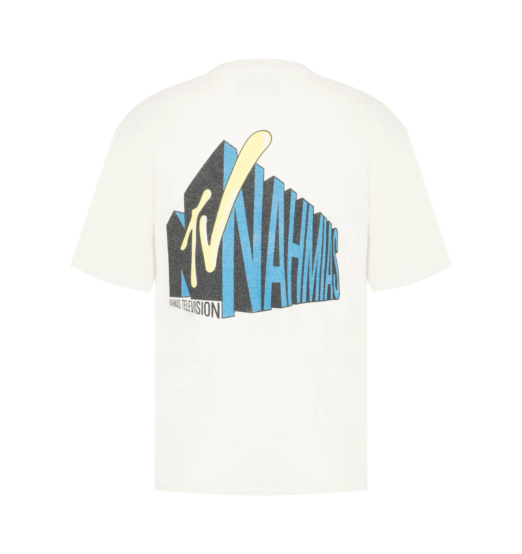 Image 2 of 2 - WHITE - Nahmias Men's TV Boxy T-Shirt is crafted from premium cotton and features a boxy silhouette with a classic crew neckline, short sleeves, and signature TV-inspired graphic artwork. This designer graphic T-shirt combines exceptional everyday comfort with Nahmias' signature luxury streetwear aesthetic, creating a bold statement piece with a relaxed contemporary fit. Main Material: 100% Cotton.