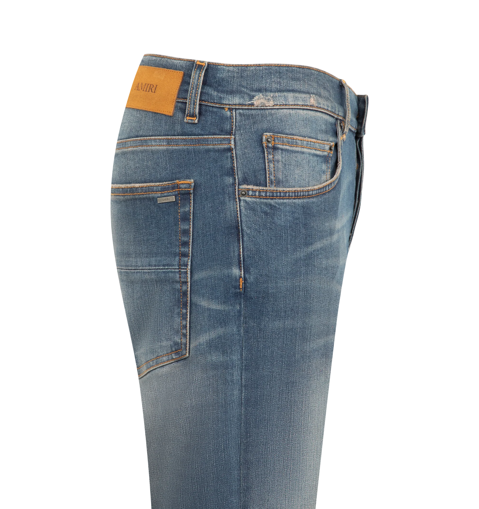 Image 3 of 3 - BLUE - Amiri Men's MX1 Jeans from the Autumn-Winter 2026 collection are crafted from stretch cotton denim and feature the house's iconic hand-distressed construction, repaired with python-embossed leather for a signature textured finish. Designed with classic five-pocket detailing, these designer jeans undergo a specialized treatment that creates intentional variations in shading and color, giving each pair a distinctive character. Main Material: 92% Cotton, 6% Elastomultiester, 2% Elastane.