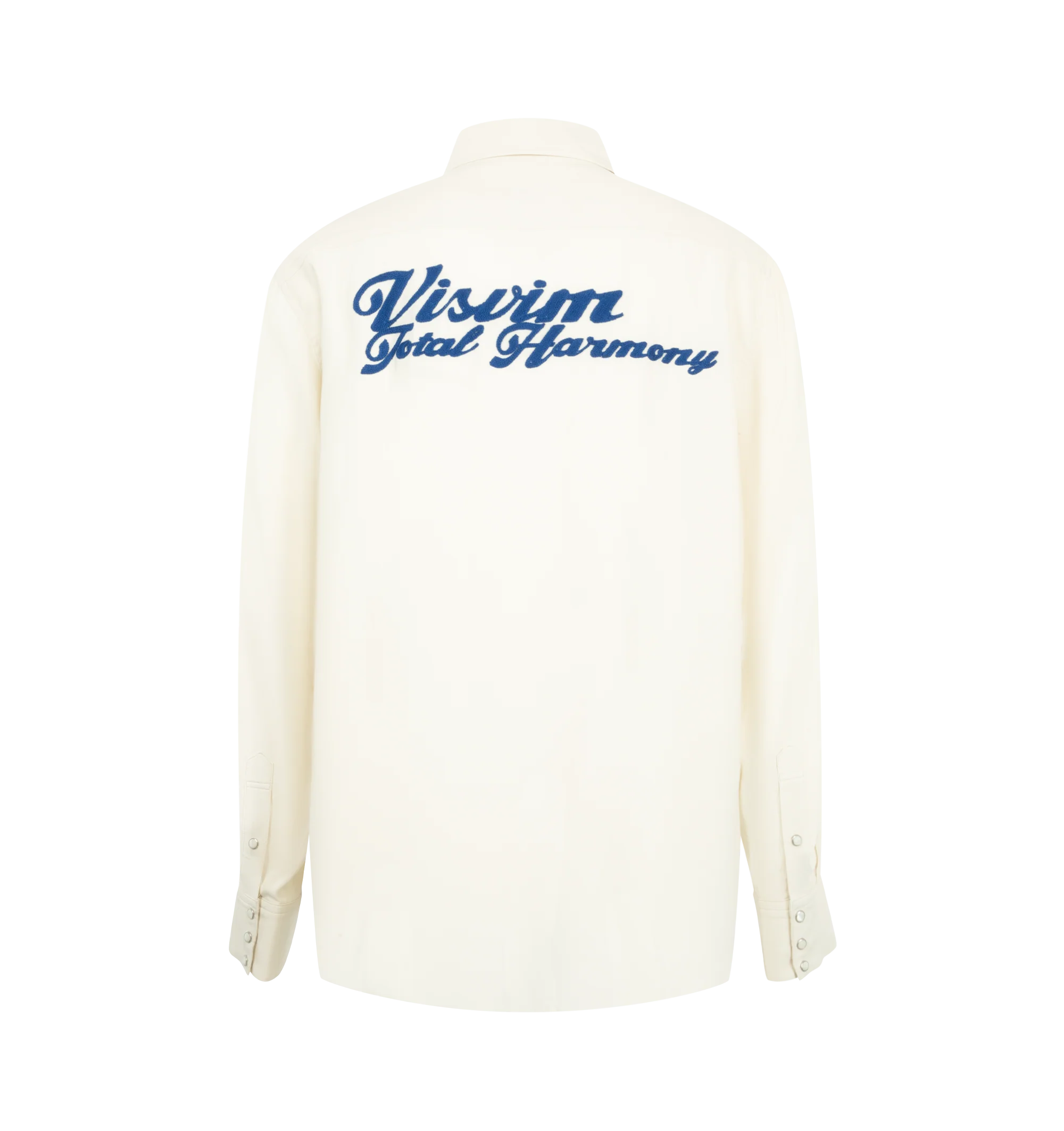 Image 2 of 2 - WHITE - Visvim Four Corners Shirt featuring a custom Rayon Canvas fabric that has undergone a special treatment, a pressed finish, american snap buttons, classic collar, front "Visvim" embroidery details on front and back. . Made in Japan.