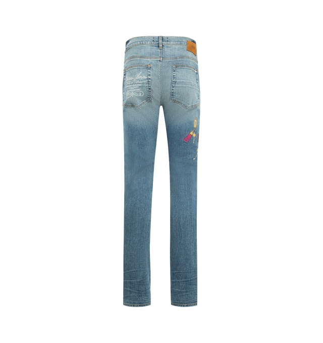 Image 2 of 3 - BLUE - AMIRI Chateau Keys MX1 Jean in Italian stretch denim featuring 5 pocket style, repaired with pleated ultrasuede and embroidered with seasonal logo graphics. 92% cotton, 6% elastomultiester, 2% elastane. Made in United States.