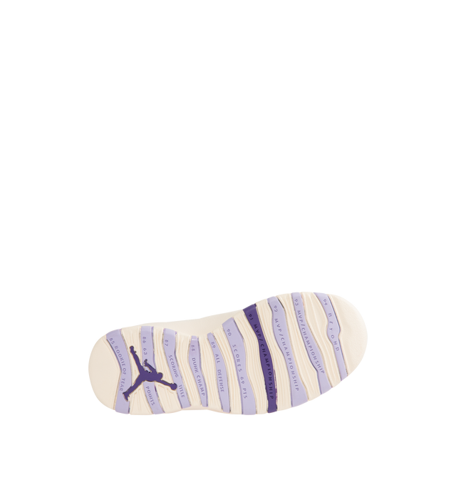 Image 4 of 5 - PURPLE - JORDAN Air Jordan 10 Retro Sneaker featuring tumbled Chalk leather with luxe Hydrangea nubuck blooming on the upper, Jumpman logo on the outsole, full-length Nike Air cushions, lace up closure, foam midsole with encapsulated Air unit and rubber outsole.