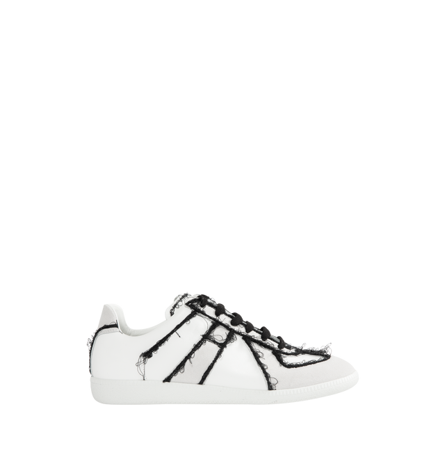 Image 1 of 5 - WHITE - MAISON MARGIELA High Quality Luxury Sneaker featuring smooth calf leather, distressed embroidery threads that trace the outline of each seam, lace up closure and white stitch appears at the back.? 100% calf leather. Sole: 100% rubber.