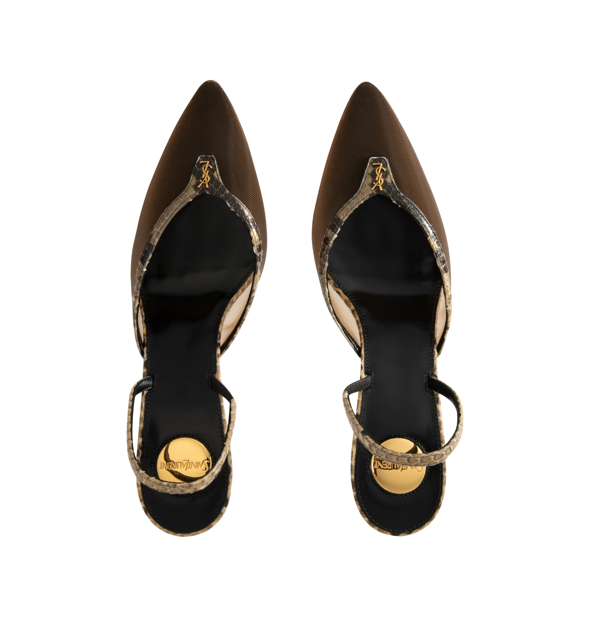 Image 4 of 4 - BROWN - Saint Laurent Women's Slingback Pumps are crafted from semi-sheer mesh with python trim and feature a pointed-toe silhouette accented by the iconic Cassandre hardware. Designed with an elasticized slingback strap, low stiletto heel, leather sole, and a Saint Laurent-engraved metal plaque on the insole for an elegant and refined finish. Main Material: 70% Polyamide, 30% Python. Lining: Calf Leather. Sole: Calf Leather. Heel Height: 7.5 cm / 75mm . Made in Italy.
