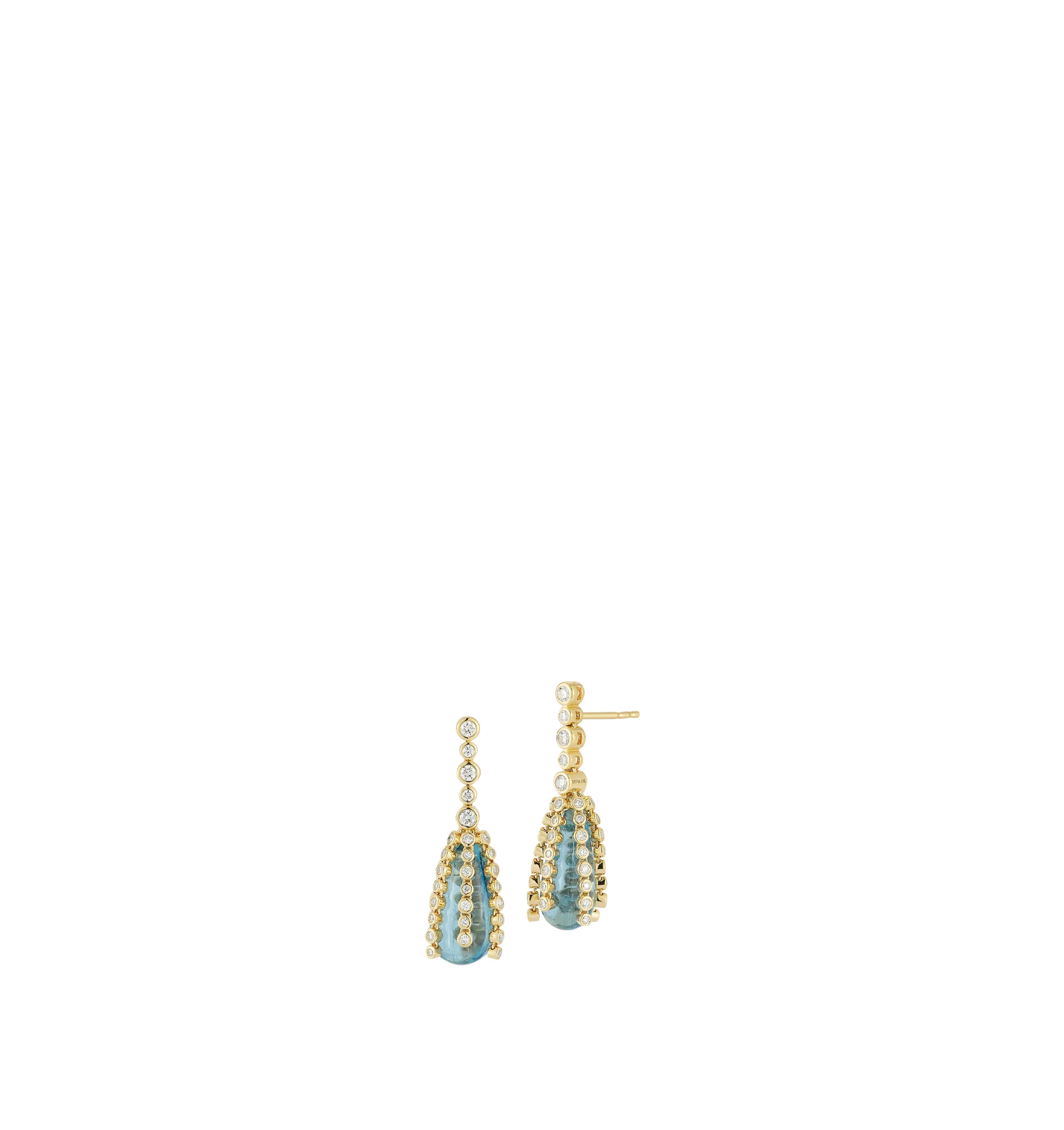 Image 2 of 2 - GOLD - Renna Women's Storm Drop Earrings Large are crafted in 18K yellow gold and feature luminous aquamarine gemstones suspended beneath brilliant-cut diamonds, creating graceful movement and refined elegance. These designer fine jewelry earrings combine exceptional craftsmanship with a sculptural silhouette, making them a striking statement for special occasions or elevated everyday wear. Main Material: 18K Yellow Gold. Gemstones: Aquamarine, Brilliant-Cut Diamonds.For personal consultation