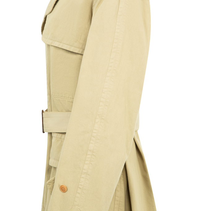 Image 3 of 3 - NEUTRAL - AURALEE Textured Chino Coat featuring chino cloth woven from slub yarns of crisp Zimbabwe cotton, oversized fit, unlined, below knee length, waist belt, single vent and button front. 100% cotton. 