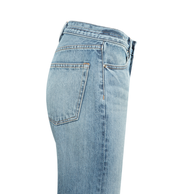 Image 3 of 3 - BLUE - RADH The Agnes Jean featuring a mid rise, slim straight profile, five-pocket construction, signature triple belt loops at the back waist, semi-precious gold hardware, shank and fly closure and straight leg. 75% regenerative cotton, 25% recycled PIW. Made in the USA.