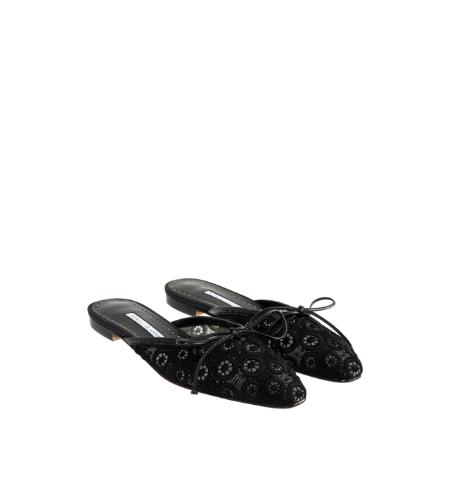 Image 2 of 4 - BLACK - MANOLO BLAHNIK Ballerimu Lace Flats featuring almond toe, slide on mule style, decorative leather bow and lace detail. Made in Italy.