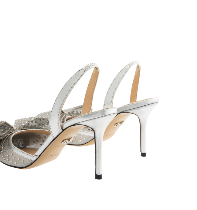 Image 4 of 5 - SILVER - MACH MACH Le Cadeau Crystal Mesh Slingback featuring an elasticated slingback strap, a high stiletto heel, crystal embellishments and bow detailing. The heel height measures 85mm. Made in Italy.