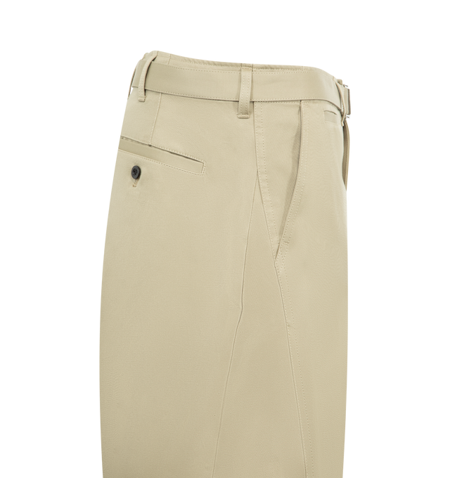 Image 3 of 3 - NEUTRAL - SACAI Cotton Chino Pants featuring high waist, wide leg, side pockets, back welt pockets, twisted seams and detachable belt. 100% cotton. Made in Japan.