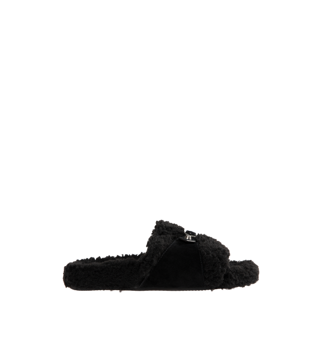 Image 1 of 4 - BLACK - BALENCIAGA Furry Open Mule Slide featuring polyester, wool and calfskin, open mule, studs and buckle on the upper, tone-on-tone sole and black outsole. Upper: calfskin, polyester, wool. Sole: TPU. Insole: polyester, wool. Made in Italy.