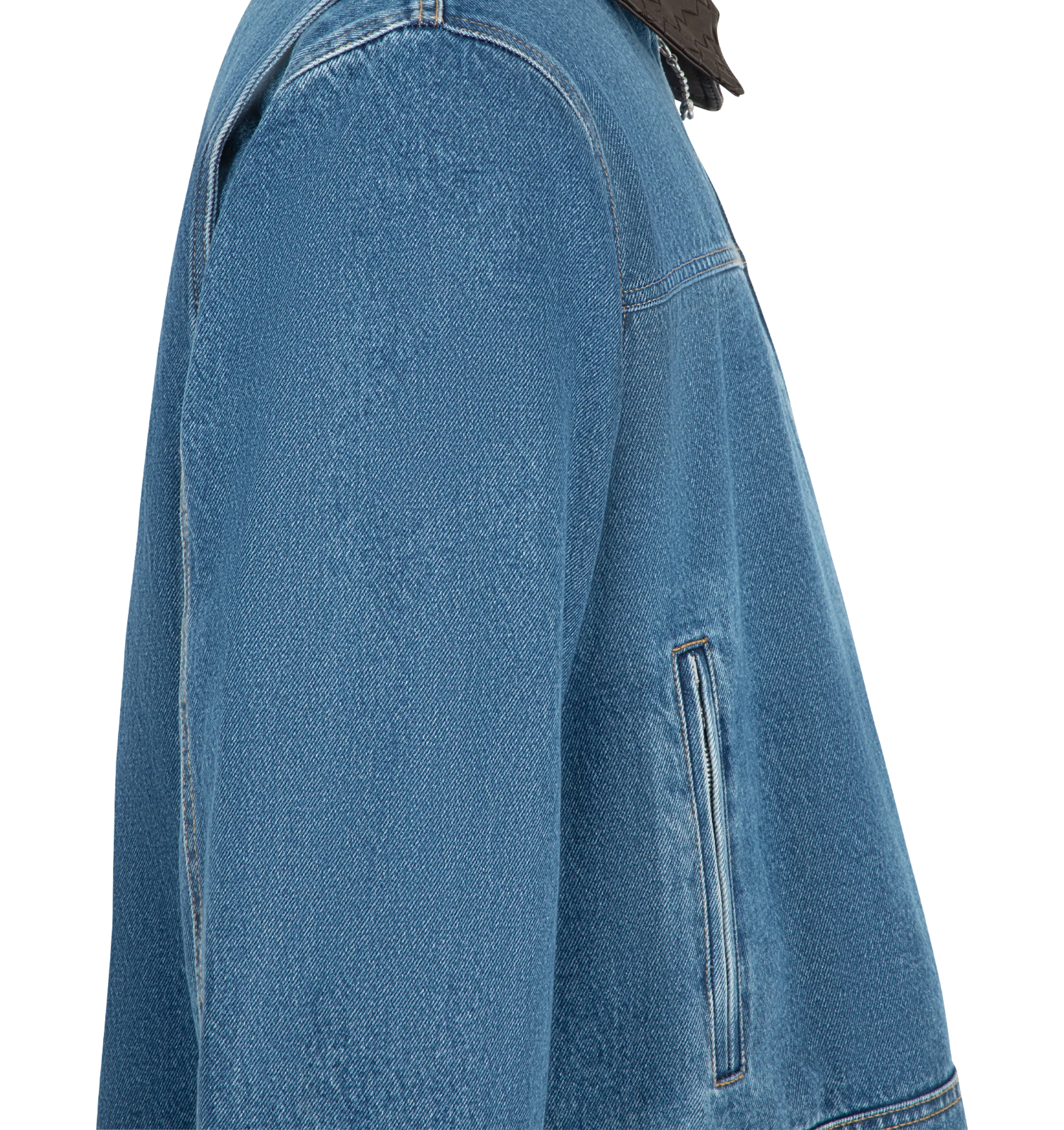 Image 3 of 3 - BLUE - Bottega Veneta Men's Denim Jacket is crafted from washed denim panels and features a boxy silhouette with an Intrecciato leather collar. Designed with a workwear-inspired construction, it is finished with a zip-front fastening, zipped pockets, and metallic knot pull-tabs that add a sculptural touch. Main Material: 100% Cotton. Collar: 100% Leather. Made in Italy.