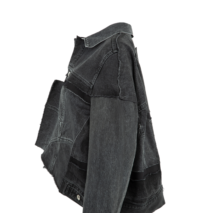 Image 4 of 4 - BLACK - SACAI Denim Jacket featuring fading throughout, spread collar, button closure Flap pocket at front, buttoned barrel cuffs, patchwork throughout and asymetrical hem. 100% cotton. Made in Japan. 