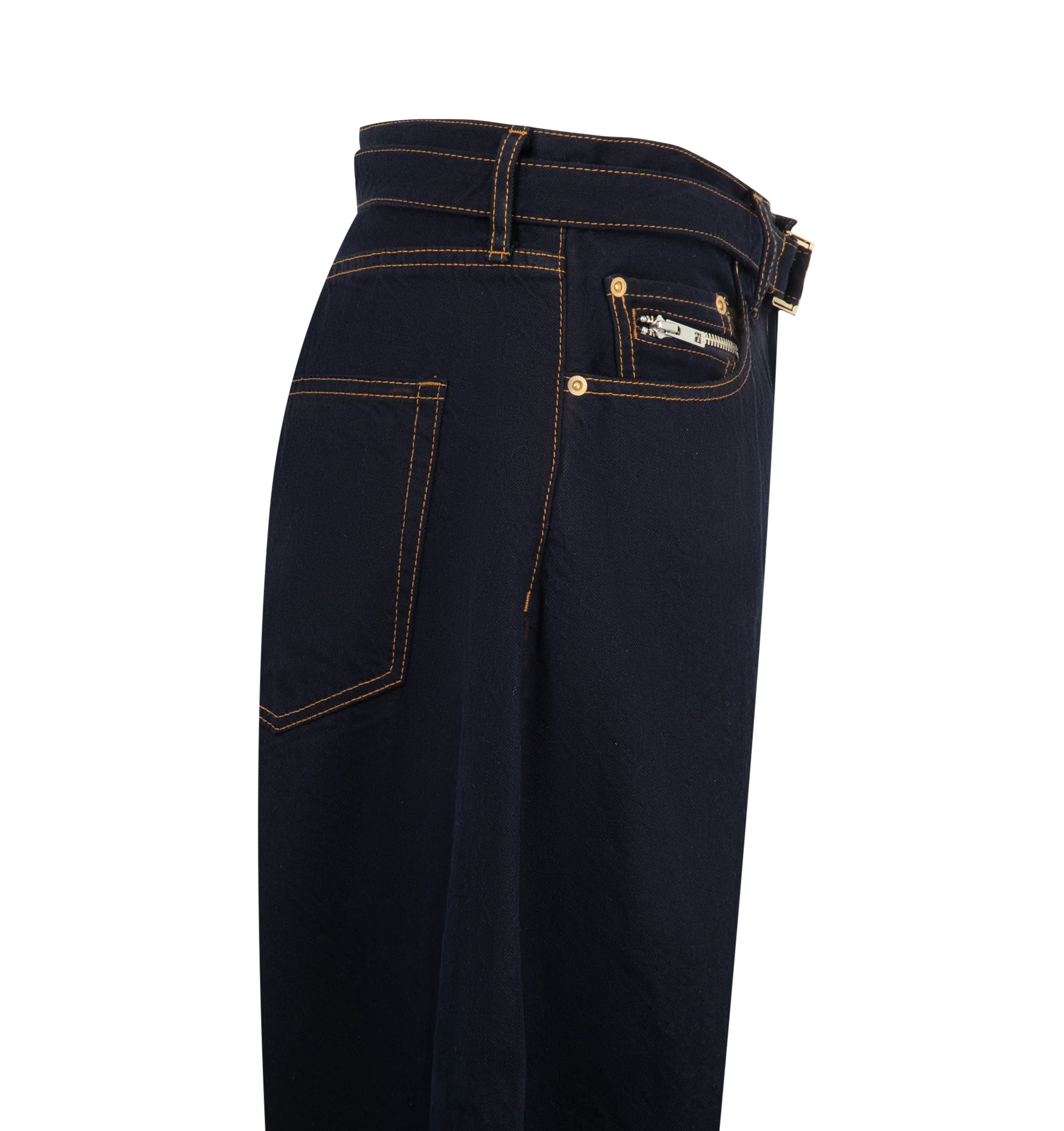 Image 3 of 3 - BLUE - Sacai Mens Dark Denim Pants are crafted from a dark wash denim cotton. Featuring a barrel-leg silhouette, belted waistband, zip fly with button closure, side pockets, and back welt pockets. Main Material: Cotton. Made in Japan. 