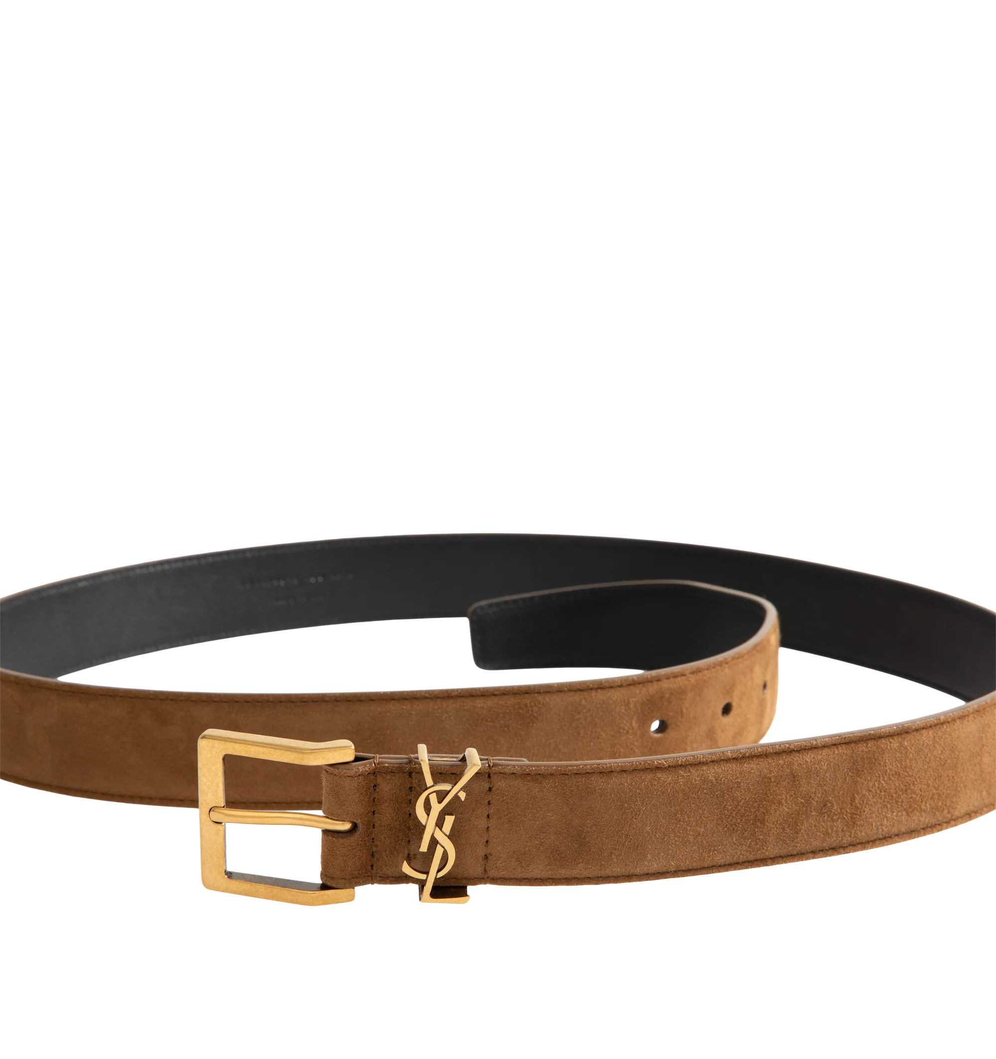 Image 2 of 2 - BROWN - Saint Laurent Womens Belt is crafted from calfskin suede leather. Features a square buckle, signature CASSANDRE loop, adjustable pin-buckle closure, and bronze-tone hardware. Width: 3 cm. Main Material: Calfskin Leather; Hardware: Brass. Made in Italy. 