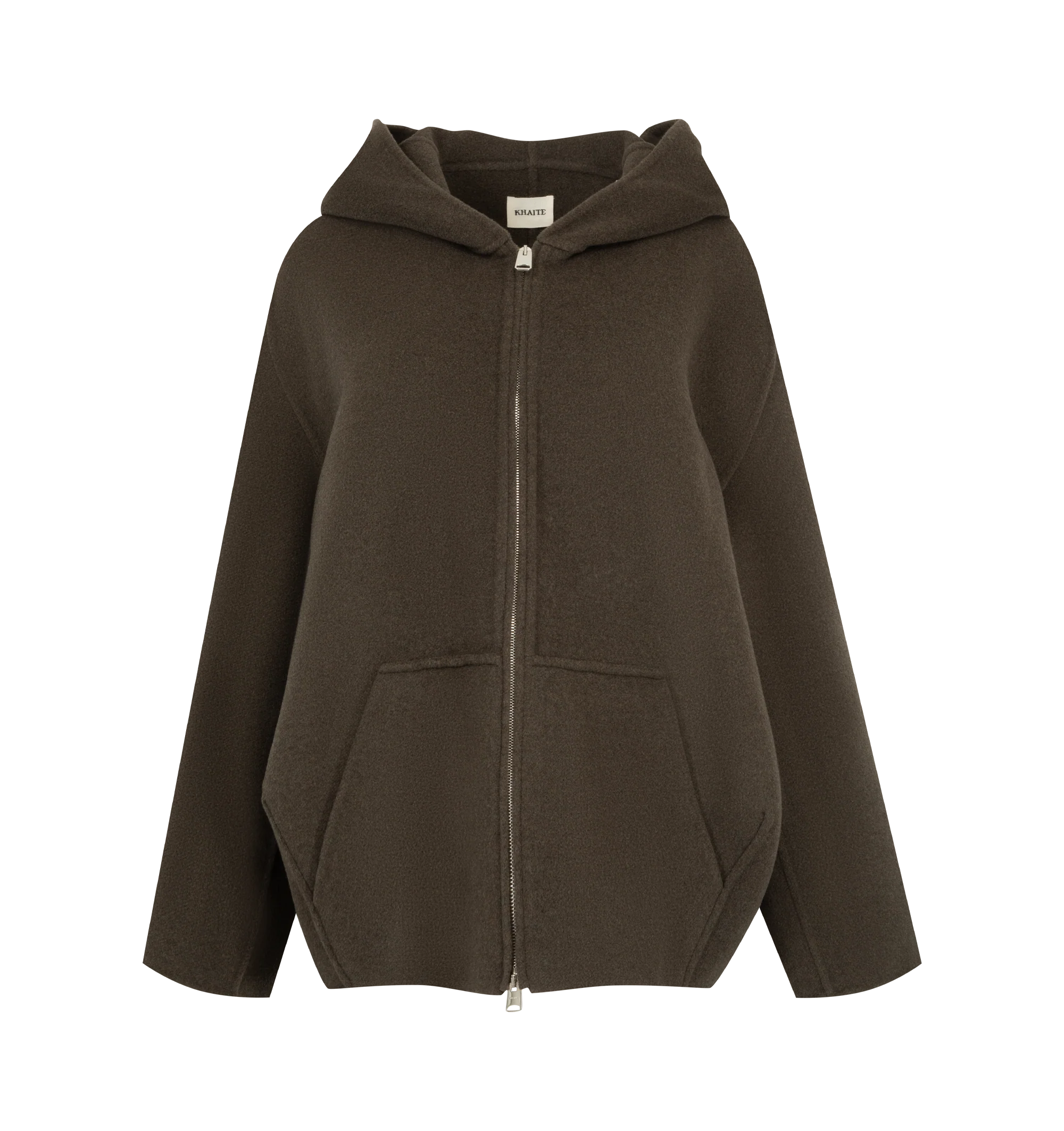 Image 1 of 3 - BROWN - Khaite Women's Hooded Wool Jacket is crafted from double-face wool and features an enveloping hooded silhouette with a bold oversized zipper pull, angled dart detailing, and twin in-seam pockets. Expertly tailored in Italy, this designer wool jacket combines exceptional craftsmanship with architectural construction and a relaxed, seasonless design for refined everyday layering. Main Material: 100% Double-Face Wool. Made in Italy.