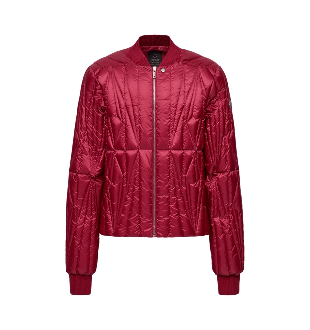 Image 1 of 1 - RED - RICK OWENS X MONCLER Geocamo Flight Down Bomber Jacket featuring ultra-light polyester lining, wool blend knit trim, down-filled, bomber collar, zipper and snap button closure, welt pockets with snap button closure, inner zipped pockets, ribbon at the back and embroidered logo patch. 100% polyester. Padding: 90% down, 10% feather.