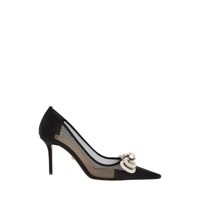 Image 1 of 4 - BLACK - MACH MACH Double Bow Mesh Pumps featuring a high stiletto heel, crystal double bow detailing, pointed toe and mesh upper. The heel height measures 85mm. Made in Italy.