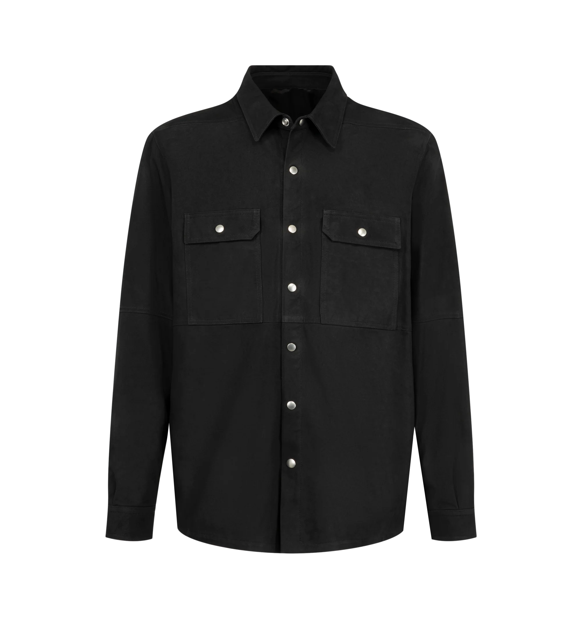 Image 1 of 2 - BLACK - Rick Owens Mens Outershirt is crafted from technical duchesse satin. Features a boxy fit, hip-length silhouette, classic collar, snap-front closure, snap cuffs, beveled side seams, two flap chest pockets, signature level shoulder seams, cotton webbing strap with rivet detail at the back yoke, and double topstitching. Main Material: 100% Recycled Polyester; Inside Pockets: 97% Cotton, 3% Elastane. Made with GRS-certified recycled polyester. Made in Italy.