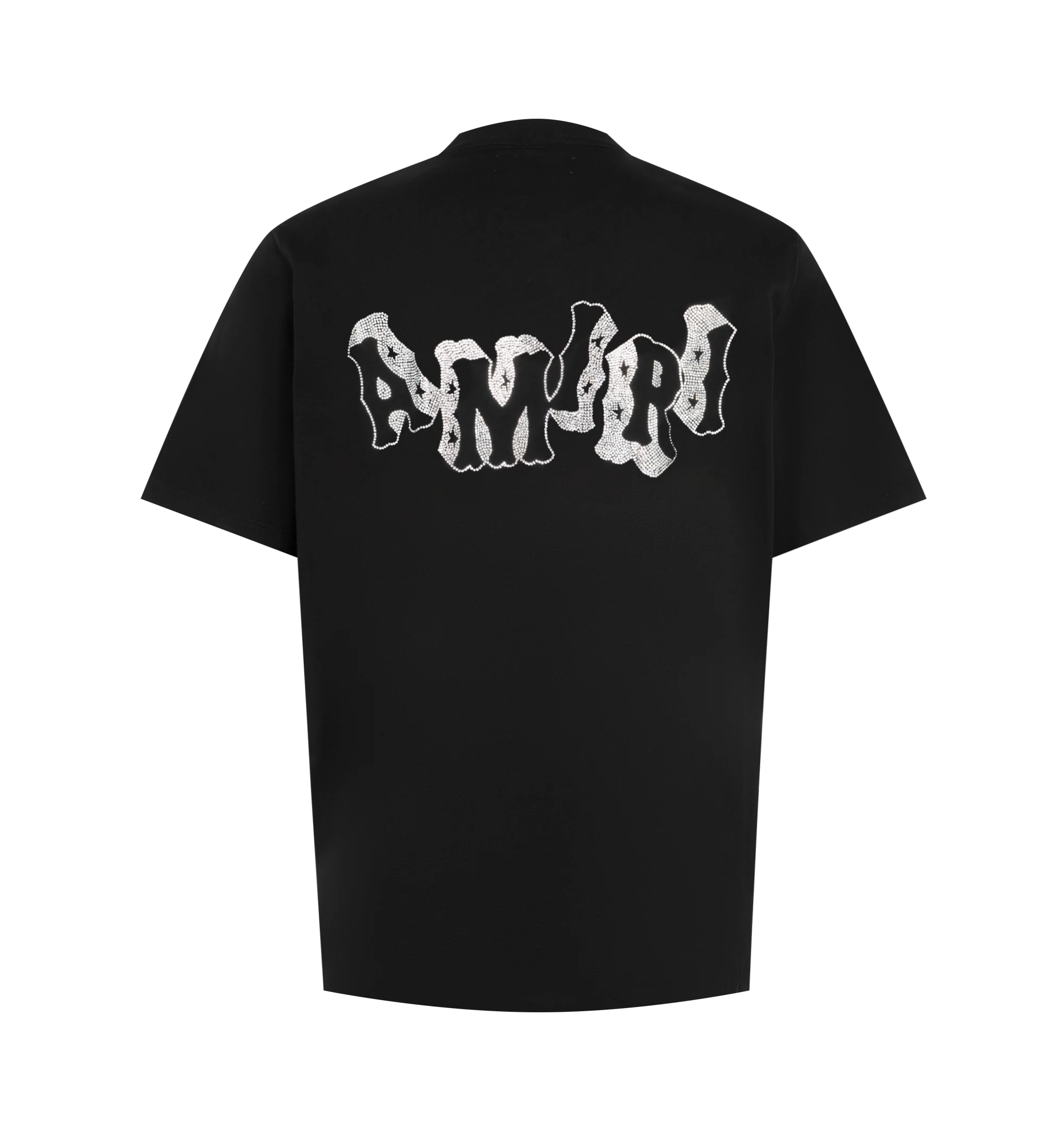 Image 2 of 2 - BLACK - Amiri Men's Block Letter Tee is crafted from soft cotton and features signature block lettering embellished with rhinestones across the front and back for a striking, light-catching finish. Main Material: Cotton. Details: Rhinestone-Embellished Block Lettering at Front and Back. 