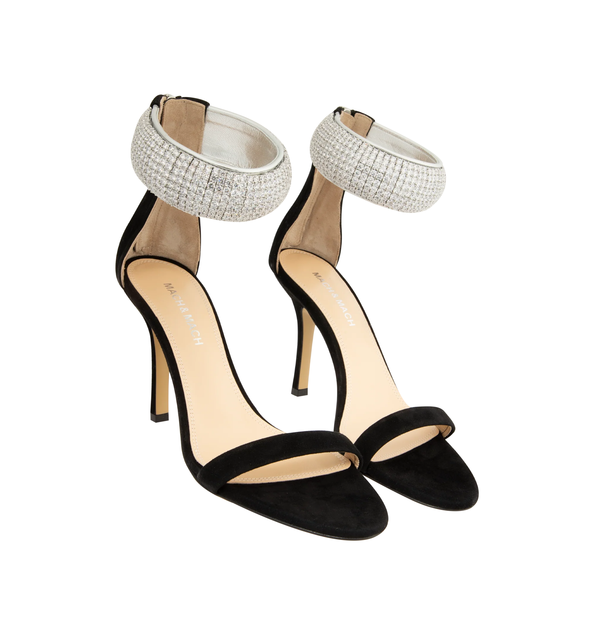 Image 2 of 4 - BLACK - Mach  Mach Women's She's A Lady Heeled Sandals are crafted from suede leather and feature an elegant round open-toe silhouette with a 95mm stiletto heel. Designed with crystal-embellished ankle detailing, a rear zip closure, leather lining, and a leather sole, the sandals offer a refined statement finish. Main Material: Suede Leather. Made in Italy. 