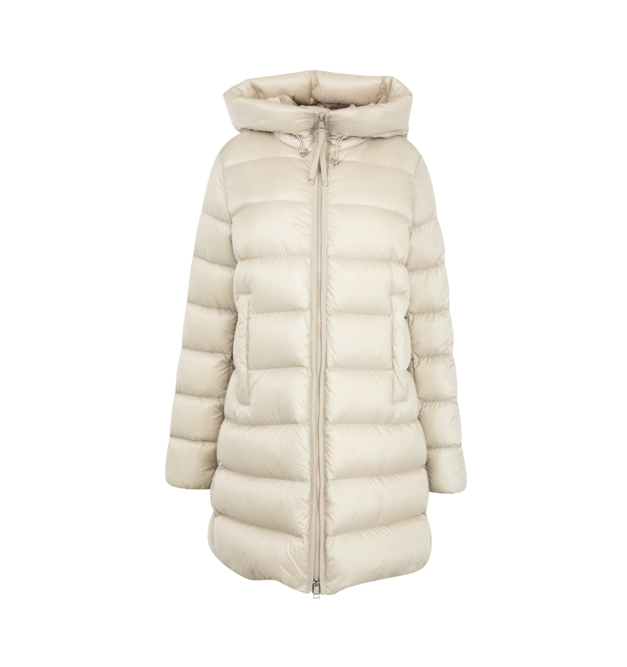 Image 1 of 1 - NEUTRAL - Moncler Women's Suyenne Hooded Mid-Length Down Jacket is crafted from water-repellent longue saison nylon and features a down-filled construction, an adjustable hood, a front zip closure, snap-button pockets, elastic cuffs, and a flattering mid-length silhouette with a flared waist and hips. This designer down jacket combines lightweight warmth with a feminine silhouette for elevated everyday outerwear. Main Material: 100% Polyamide (Nylon). Lining: 100% Polyamide (Nylon). Hood Lini