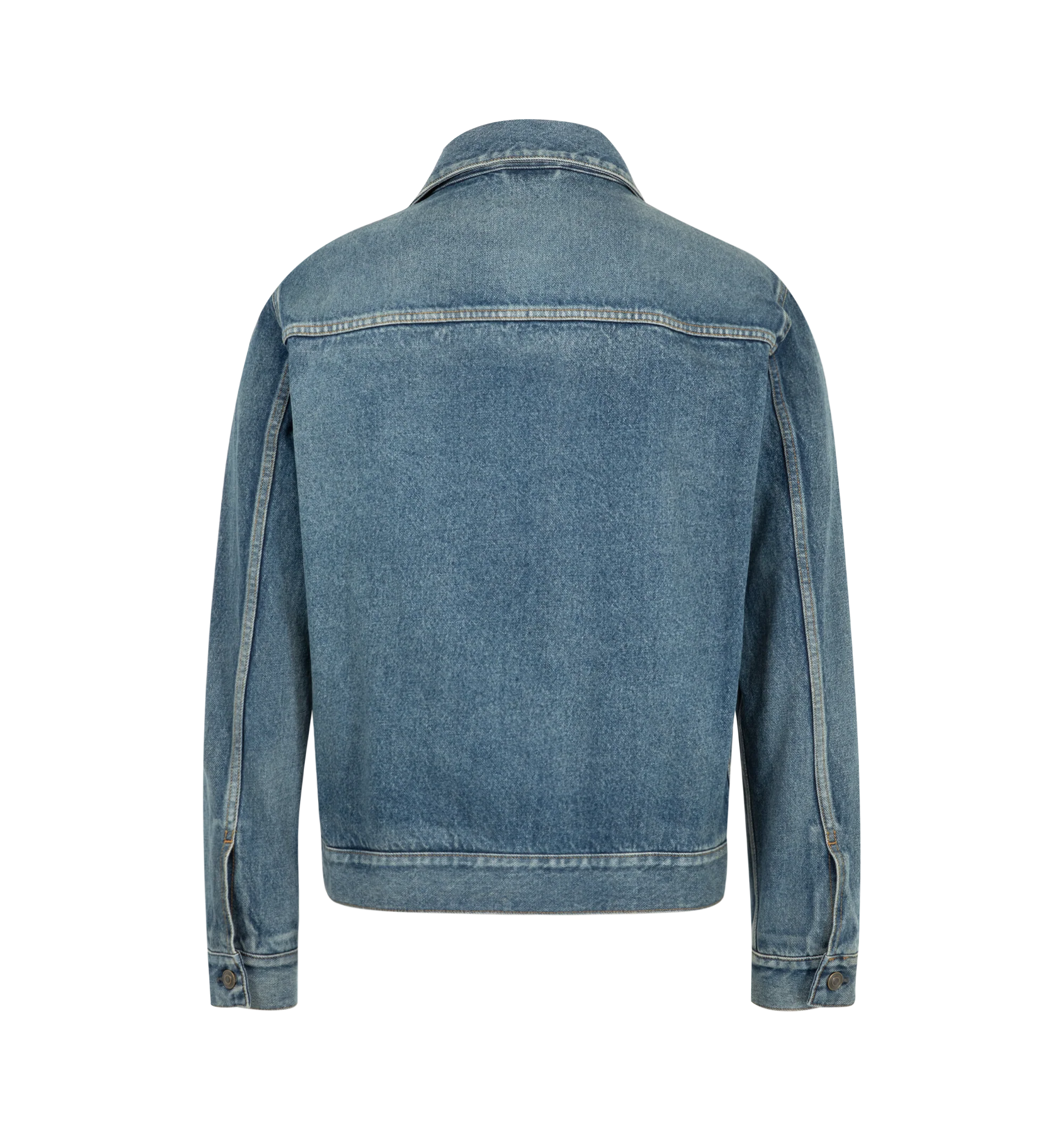 Image 2 of 3 - BLUE - The Row Men's Mendo Jacket is crafted from structured cotton denim with a soft hand and faded, worn-in appearance. Designed with a classic collar, paneled yoke construction, vertical welt pockets, and a front placket with shank button closure, this designer denim jacket is fully lined in brushed cotton flannel for added comfort and warmth. Main Material: 100% Cotton Denim. Lining: 100% Brushed Cotton Flannel. Closure: Shank Buttons. Pockets: Vertical Welt Pockets. Made in Japan.