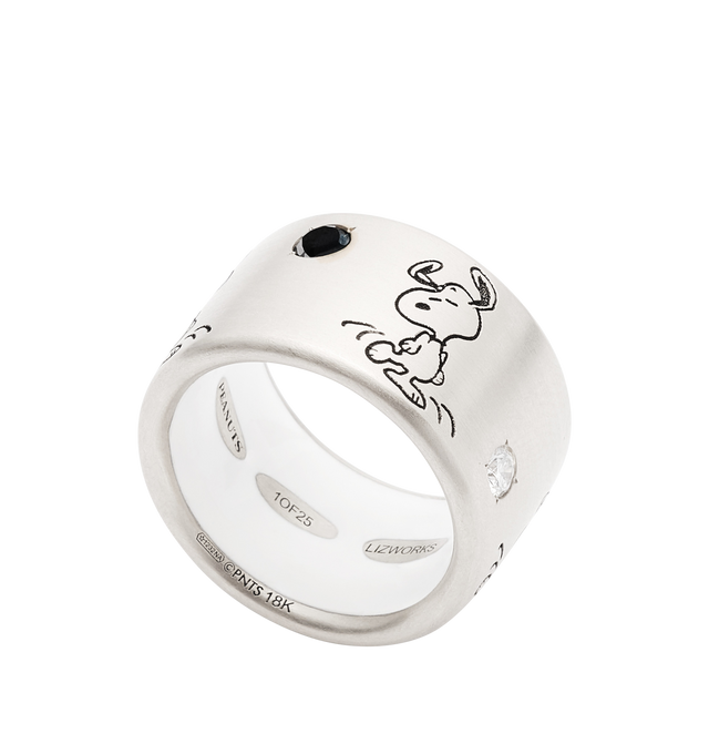 Image 3 of 3 - SILVER - LIZWORKS X PEANUTS Jazz Snoopy White Gold Comic Strip Ring Band featuring 18k white gold ring with black and white diamonds and white enamel. 13.5 mm. Cheap Luxury Handbag Shop offers a range of initial pieces from this collection in-store. For personal consultation and detailed information about jewelry, please contact our dedicated stylist team at personalshopping@hirshleifers.com. This item may be restricted for online purchase to international clients. For assistance purchasing this item plea 