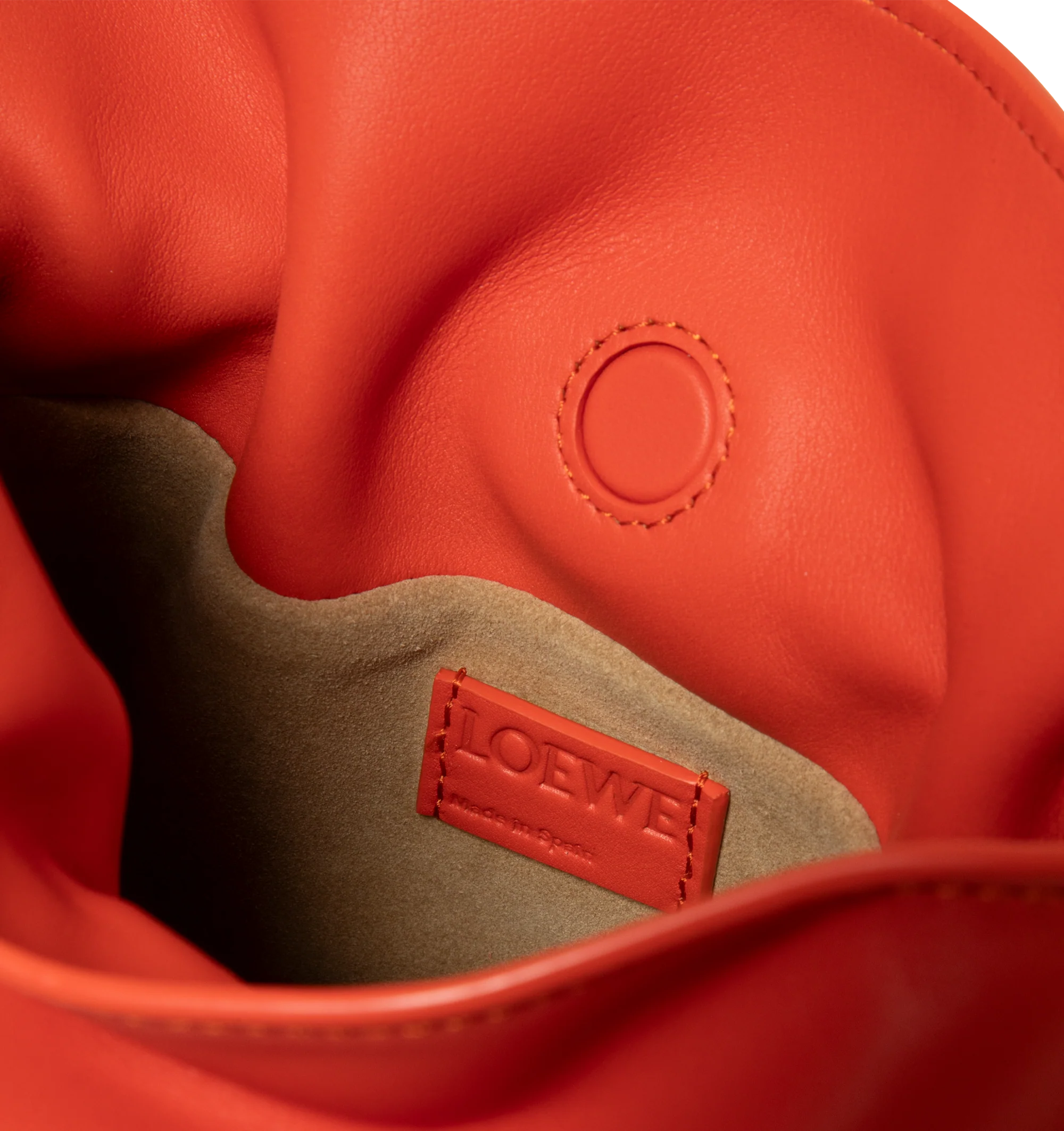 Image 3 of 3 - ORANGE - LOEWE Mini Flamenco Clutch in nappa calfskin featuring a soft and slouchy bag with a cinched closure and historical knot drawstrings, shoulder, crossbody or hand carry, detachable and adjustable strap, discreet magnetic closure, suede lining and embossed Anagram. Nappa calf. 18 cm x 23.9 cm x 9 cm. Made in Spain.