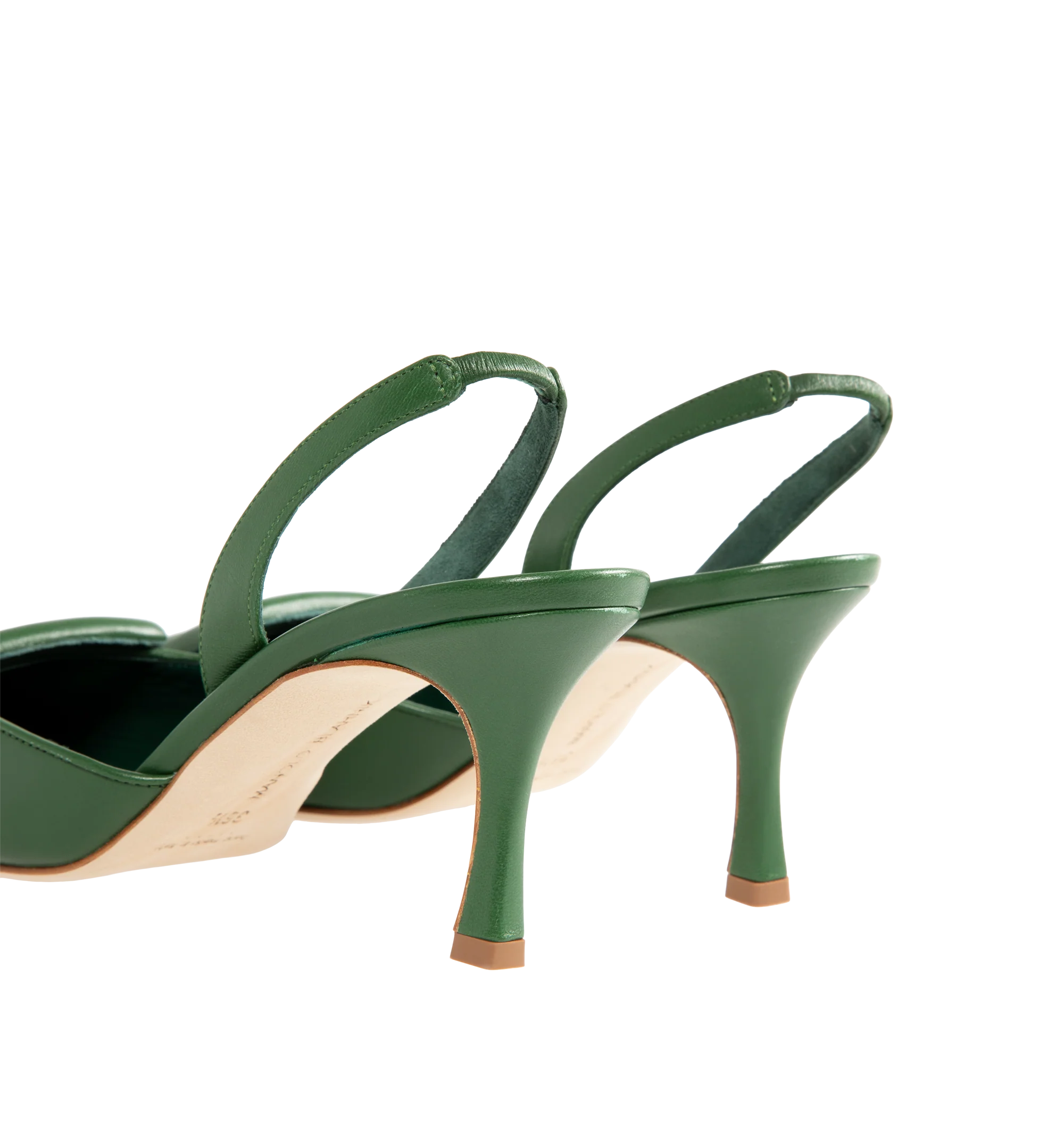 Image 3 of 4 - GREEN - Manolo Blahnik Women's Maysli slingback pumps featuring pointed toe, decorative buckle detail, elasticated slingback strap and stiletto mid 70mm heel. Upper: 100% leather. Sole: 100% leather. Lining: 100% goat skin. Made in Italy.