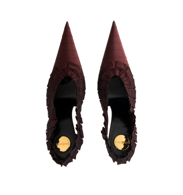 Image 4 of 4 - BROWN - Saint Laurent Madeline slingback pumps in silk taffeta decorated with hand-stitched couture ruffles, featuring a pointed toe, covered stiletto heel, leather soleround saint laurent-engraved metal plaque on the insole, elasticized slingback strap, 11cm heel height. Silk, lambskin. Made in Italy. 