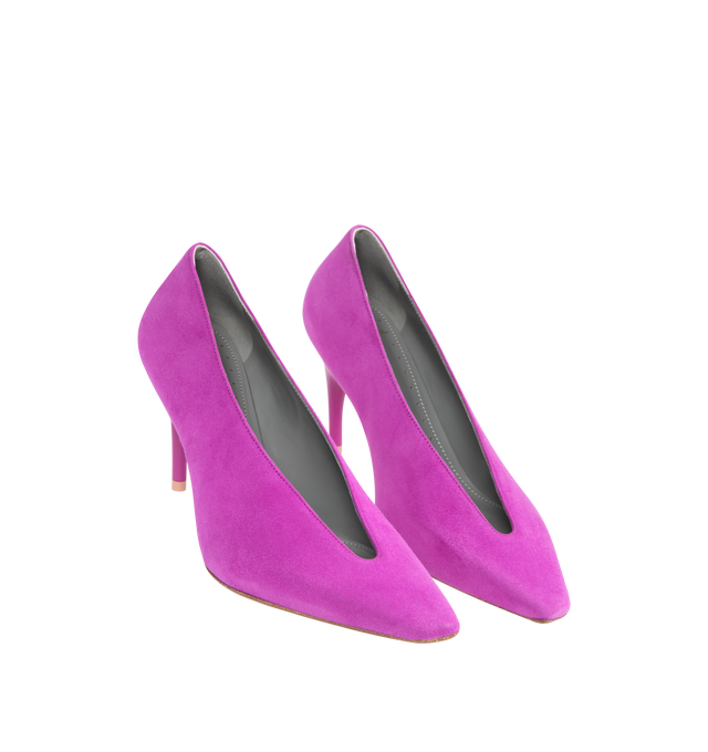 Image 2 of 4 - PURPLE - BALENCIAGA Duchesse Pump 90mm featuring suede goatskin, asymmetrical pointed toe, deep v neck vamp, 90mm arch, Balenciaga Paris logo on the insole, small gold perforations on the edges of the insole, two golden studs on the outsole, semi-glossy tone-on-tone heel and beige suede-like sole. Upper: goatskin. Sole: calfskin. Insole: sheepskin. Made in Italy.